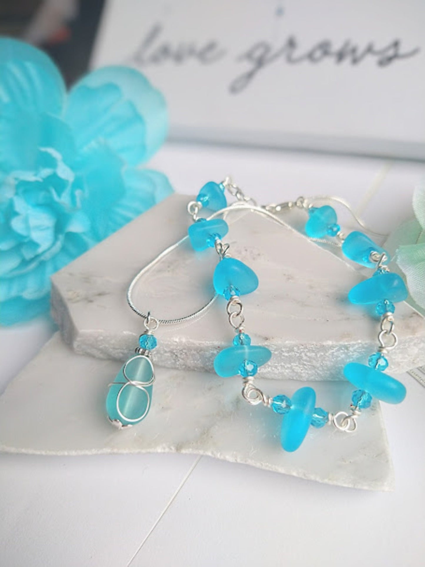 Caribbean Blue Sea Glass "Loop" Silver Snake Chain Necklace, Beach Earrings, Gift For Ocean Lover's, Beach Wedding - Bad Apple Designs Jewelry
