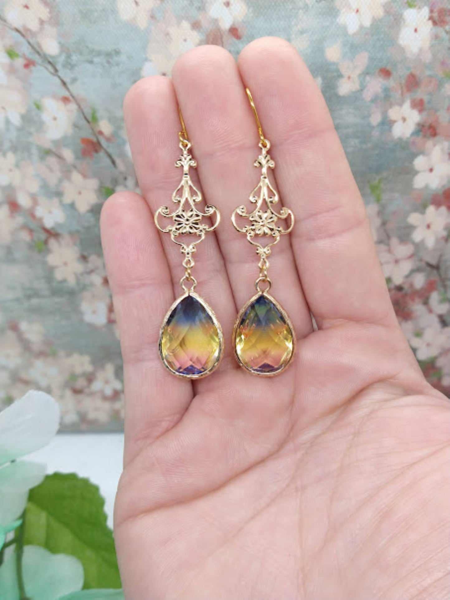 Faceted Multicolor Glass, Gold Dangle Earrings-, Pink Yellow Blue- Ladies Fashion Drops- Bridal, Bridesmaid, Gift - Bad Apple Designs Jewelry