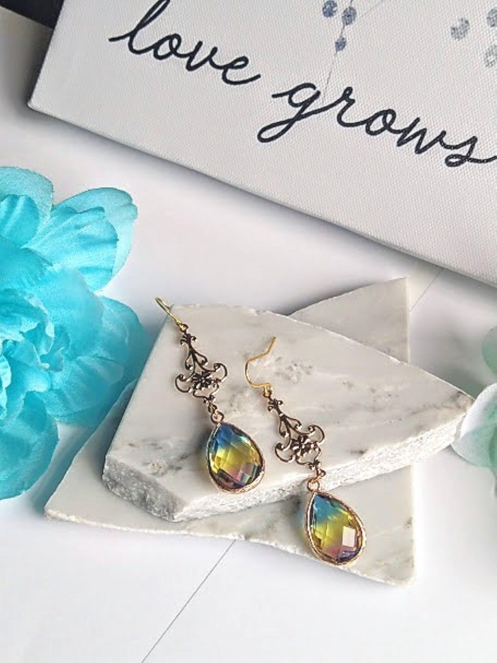 Faceted Multicolor Glass, Gold Dangle Earrings-, Pink Yellow Blue- Ladies Fashion Drops- Bridal, Bridesmaid, Gift - Bad Apple Designs Jewelry