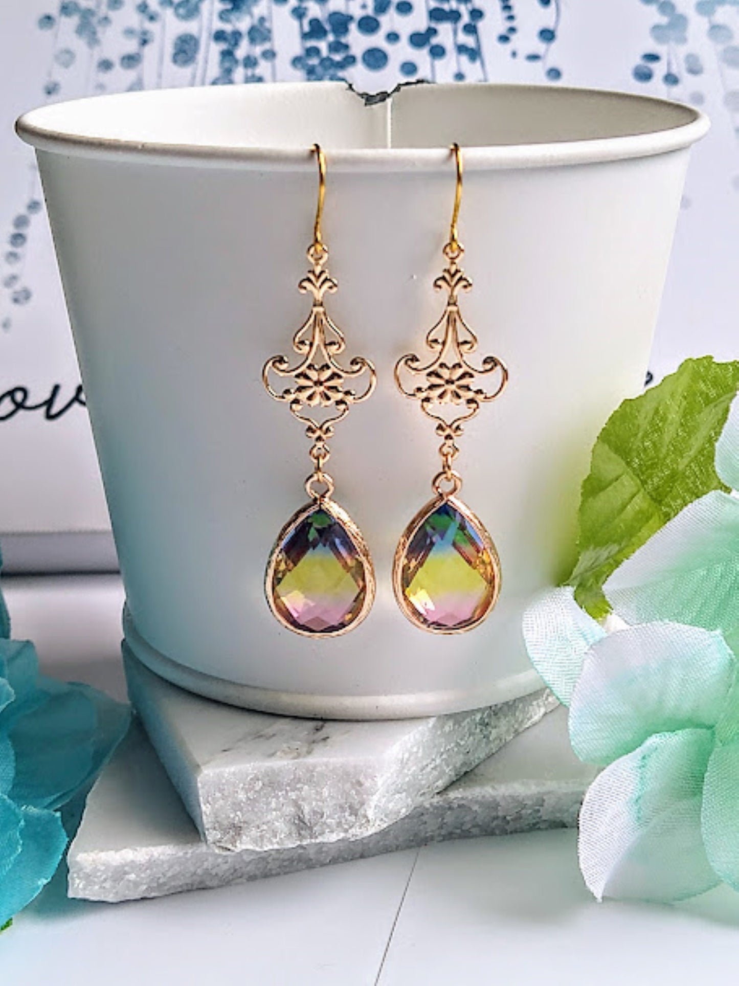 Faceted Multicolor Glass, Gold Dangle Earrings-, Pink Yellow Blue- Ladies Fashion Drops- Bridal, Bridesmaid, Gift - Bad Apple Designs Jewelry
