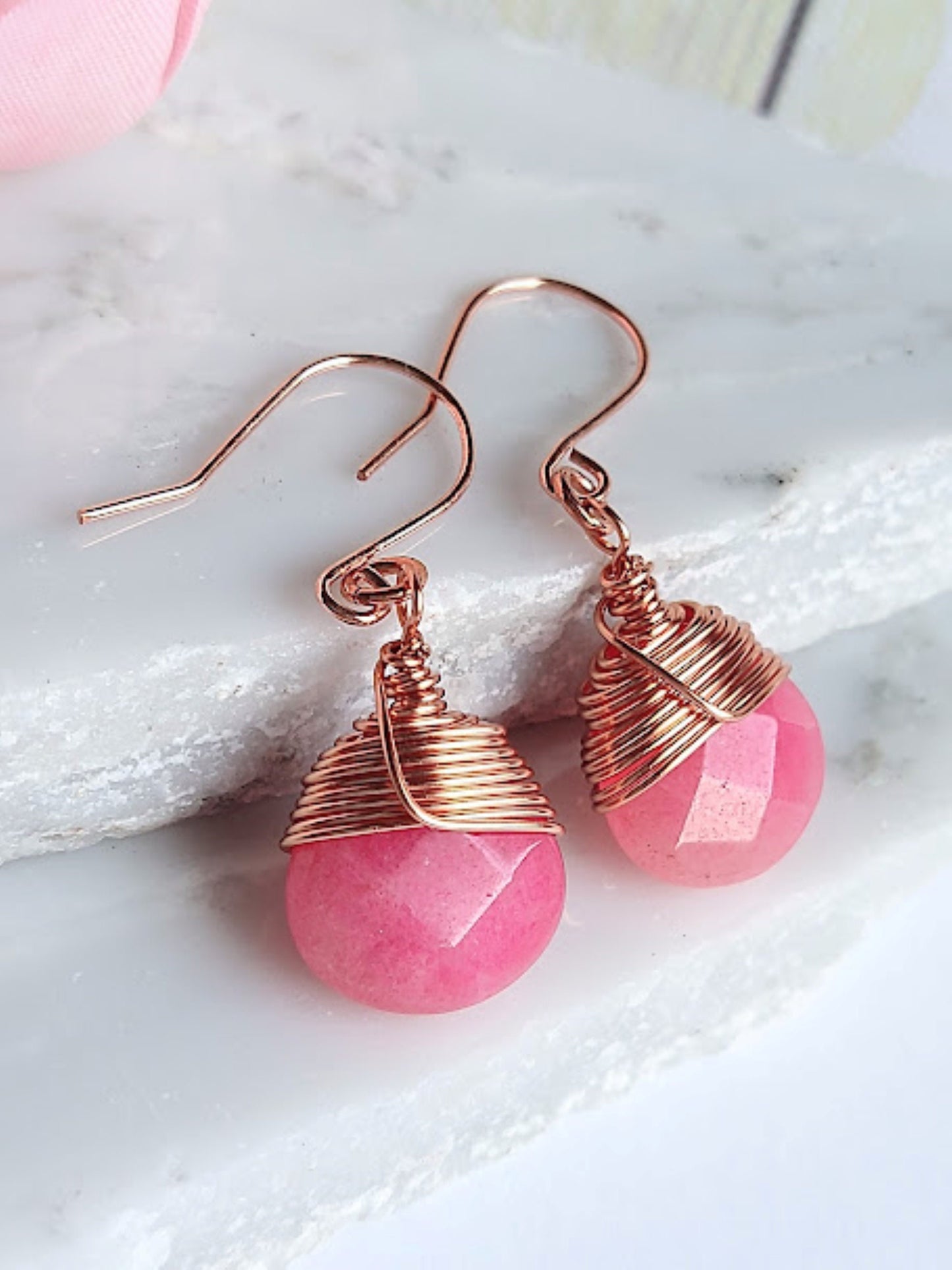 Faceted Teardrop Pink Rhodochrosite Gemstone, Bright Copper Dangle Earrings, Small Teardrop Earrings, Gemstone Teardrop Earrings - Bad Apple Designs Jewelry