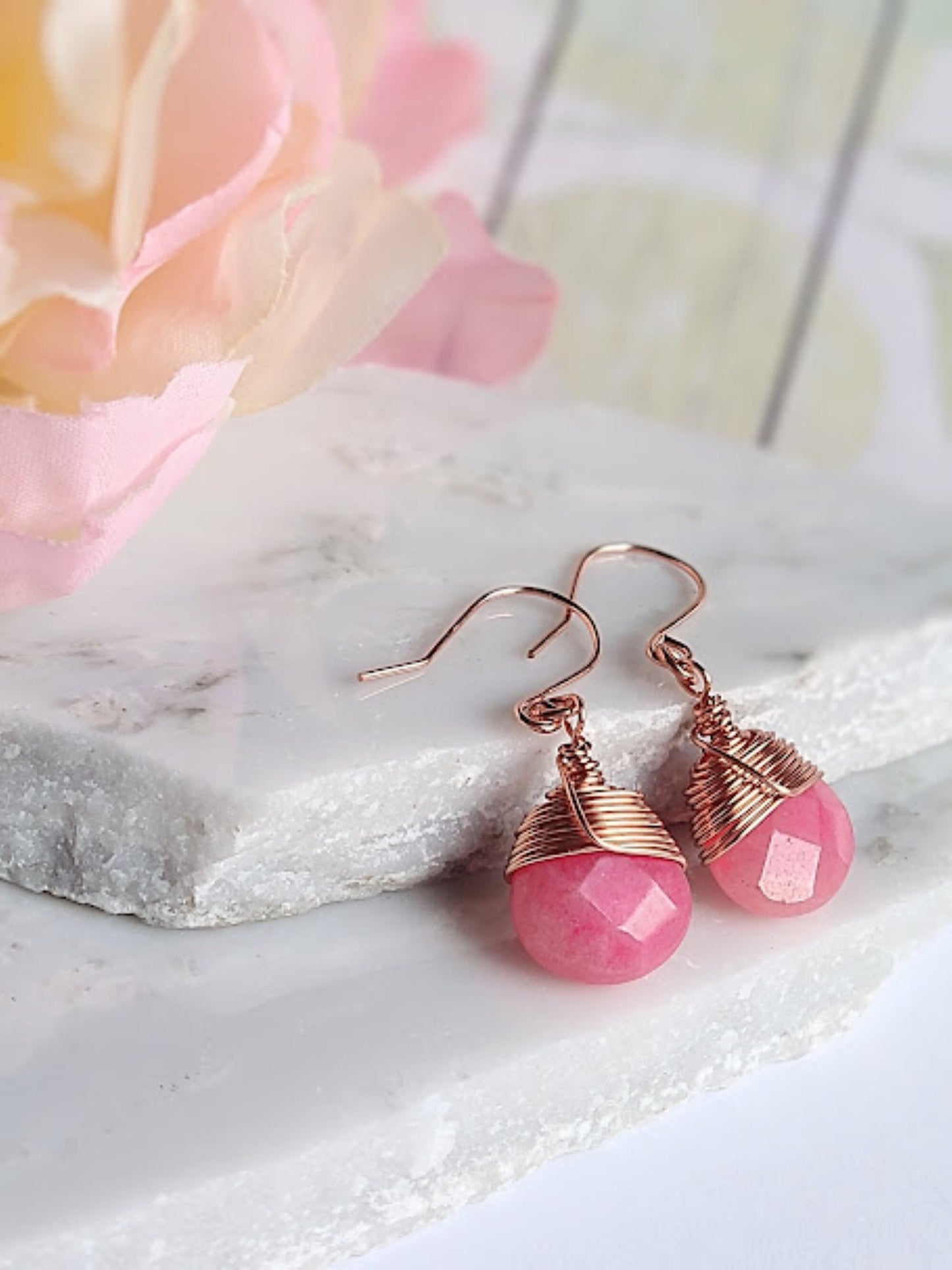 Faceted Teardrop Pink Rhodochrosite Gemstone, Bright Copper Dangle Earrings, Small Teardrop Earrings, Gemstone Teardrop Earrings - Bad Apple Designs Jewelry
