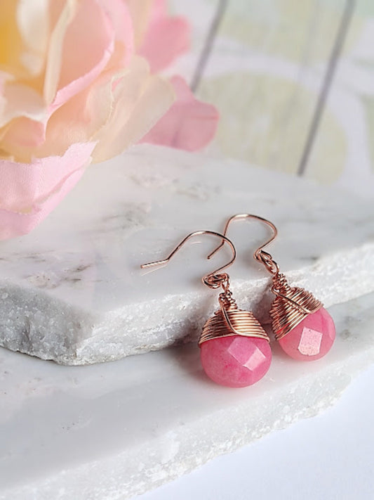 Faceted Teardrop Pink Rhodochrosite Gemstone, Bright Copper Dangle Earrings, Small Teardrop Earrings, Gemstone Teardrop Earrings - Bad Apple Designs Jewelry