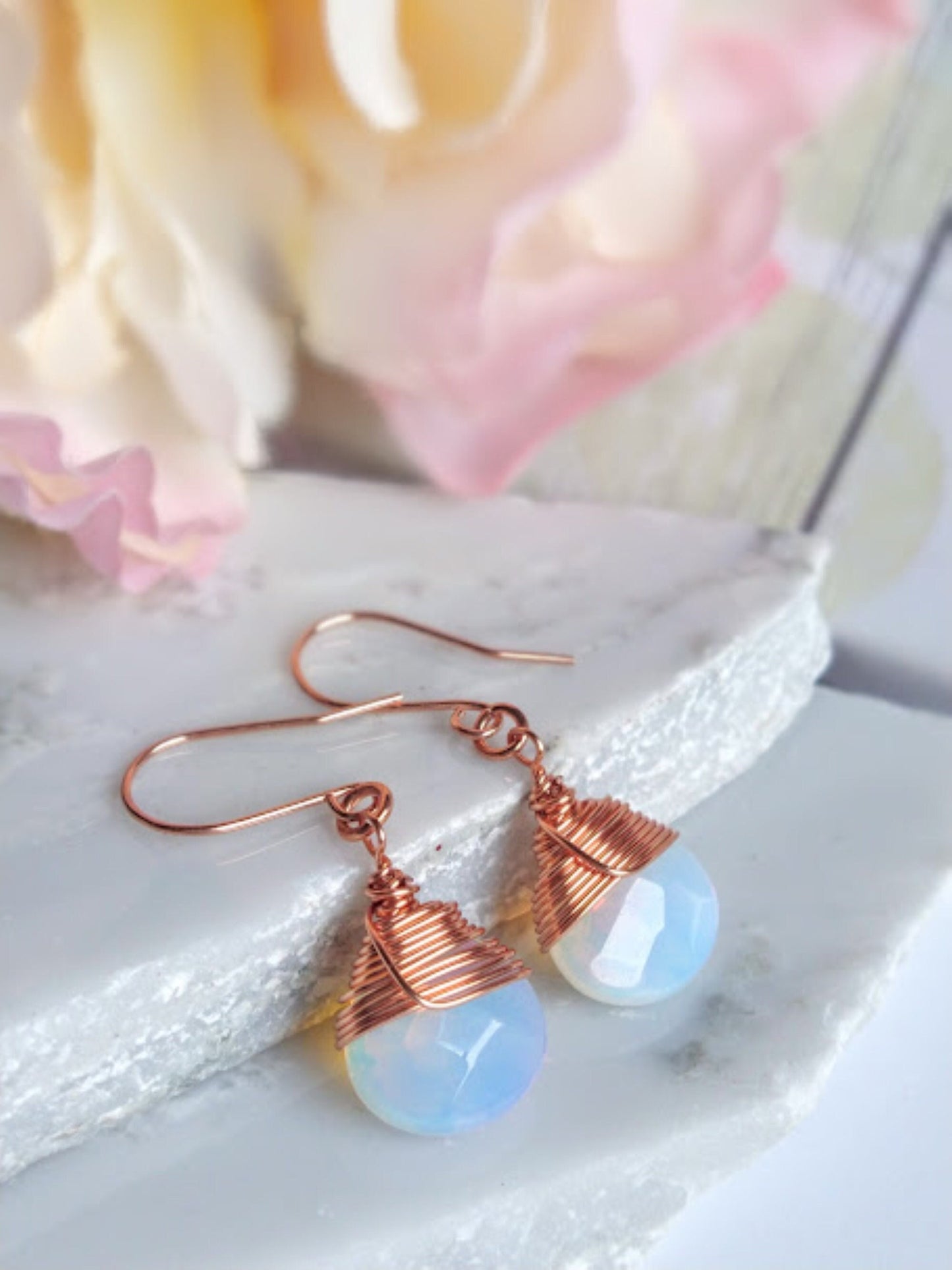 Faceted Teardrop Opalite Gemstone, Bright Copper Dangle Earrings, Small Teardrop Earrings, Gemstone Teardrop Earrings - Bad Apple Designs Jewelry