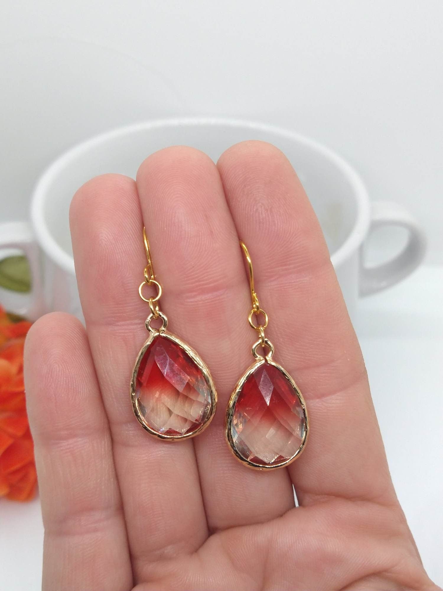 Faceted Red & White Glass, Gold Dangle Earrings- Ladies Fashion Drops- Bridal, Bridesmaid, Gift - Bad Apple Designs Jewelry