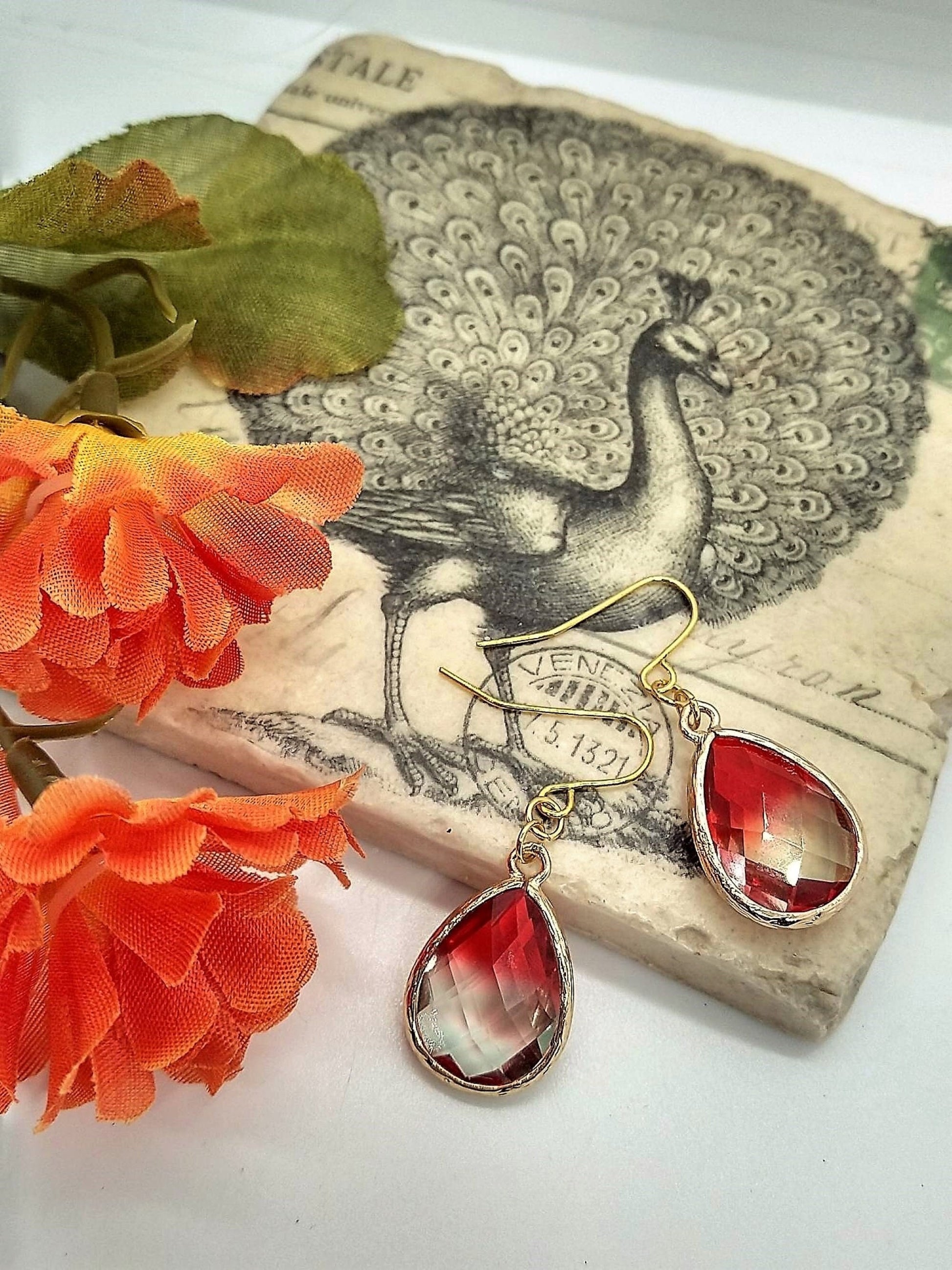 Faceted Red & White Glass, Gold Dangle Earrings- Ladies Fashion Drops- Bridal, Bridesmaid, Gift - Bad Apple Designs Jewelry