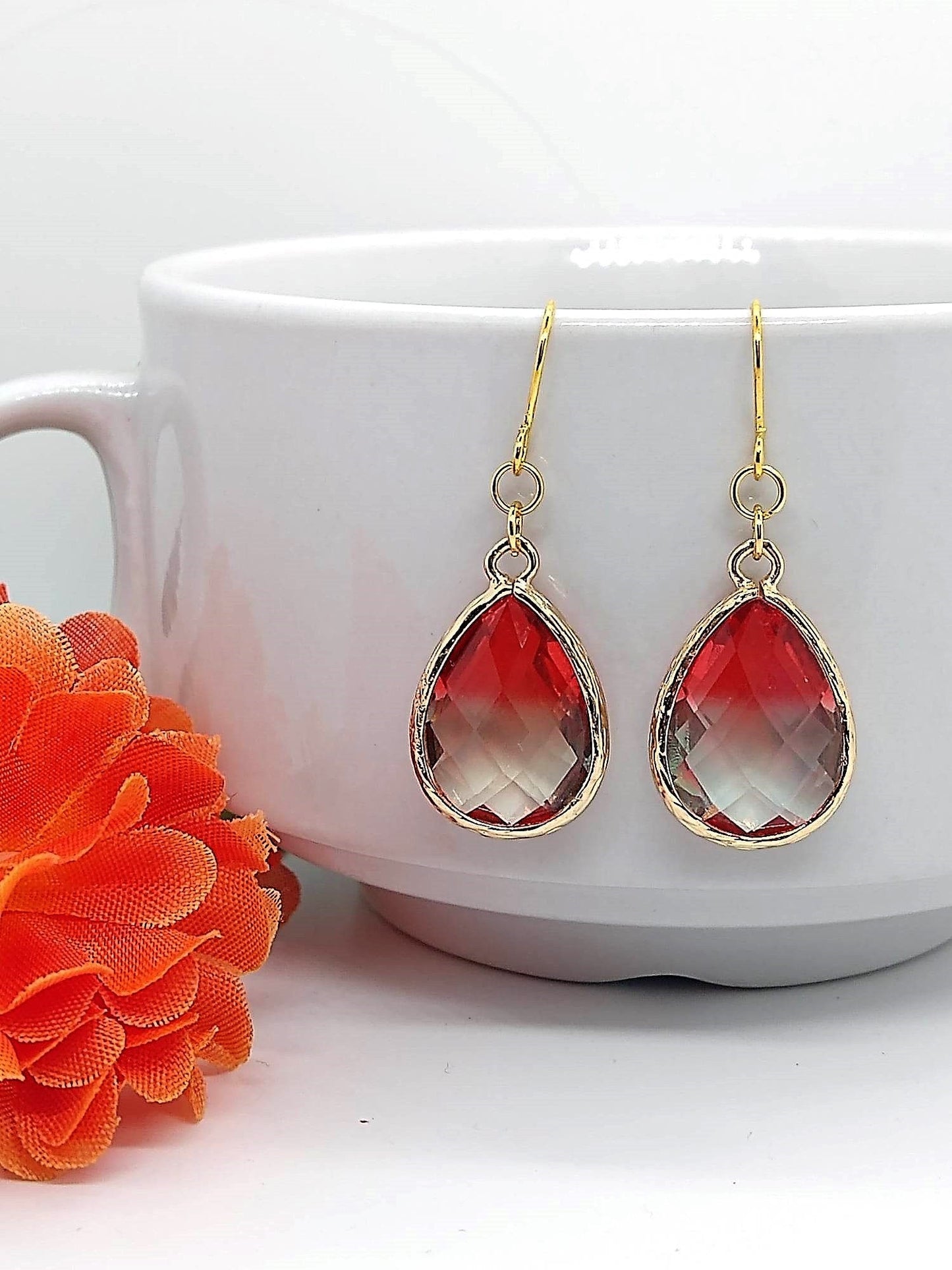 Faceted Red & White Glass, Gold Dangle Earrings- Ladies Fashion Drops- Bridal, Bridesmaid, Gift - Bad Apple Designs Jewelry