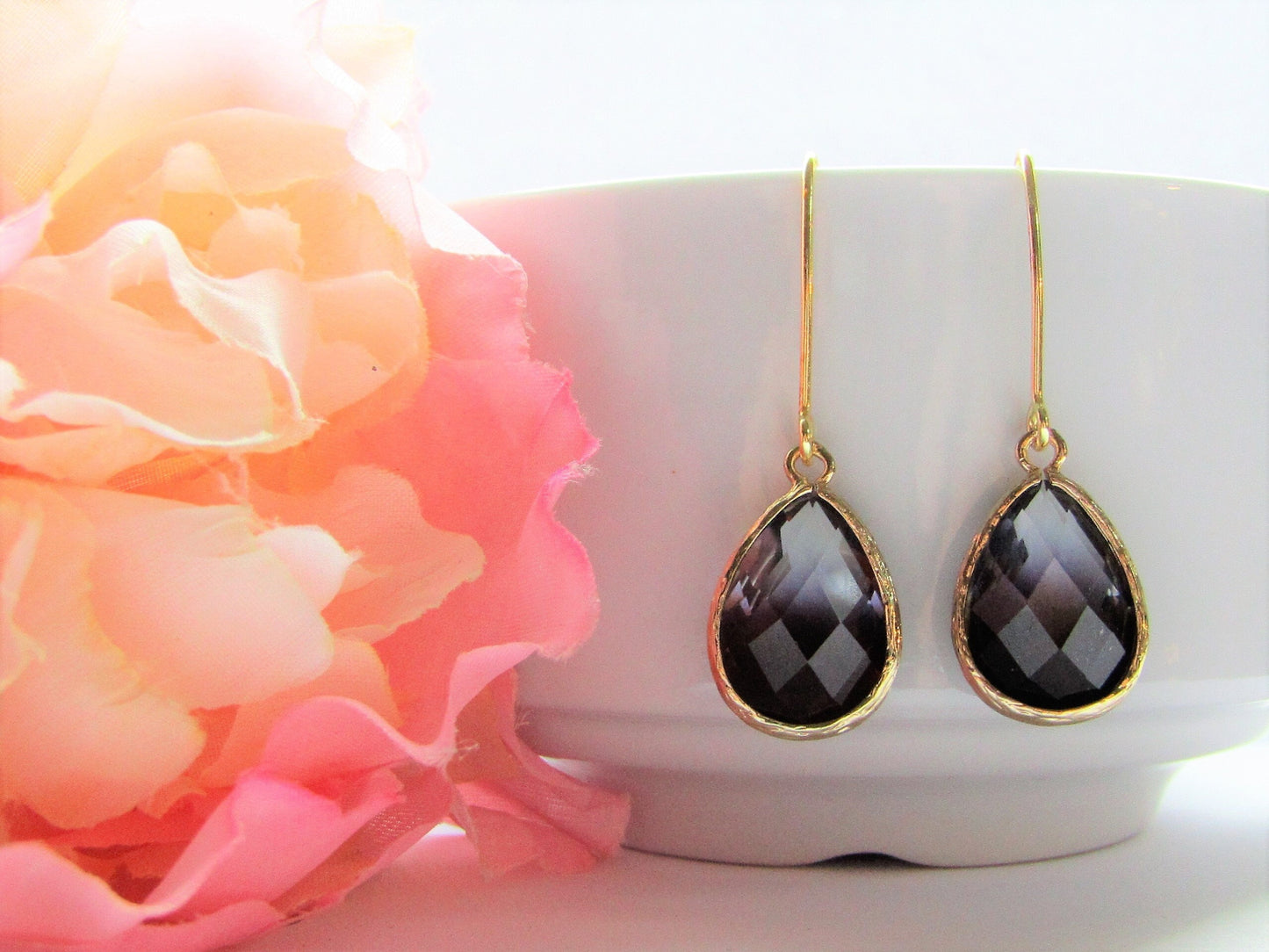 Faceted Glass Teardrop Earrings-Black Graduated Clear-Smokey Gray-Gold Toned-Bridal, Bridesmaid, Black Tie, Dinner Party - Bad Apple Designs Jewelry