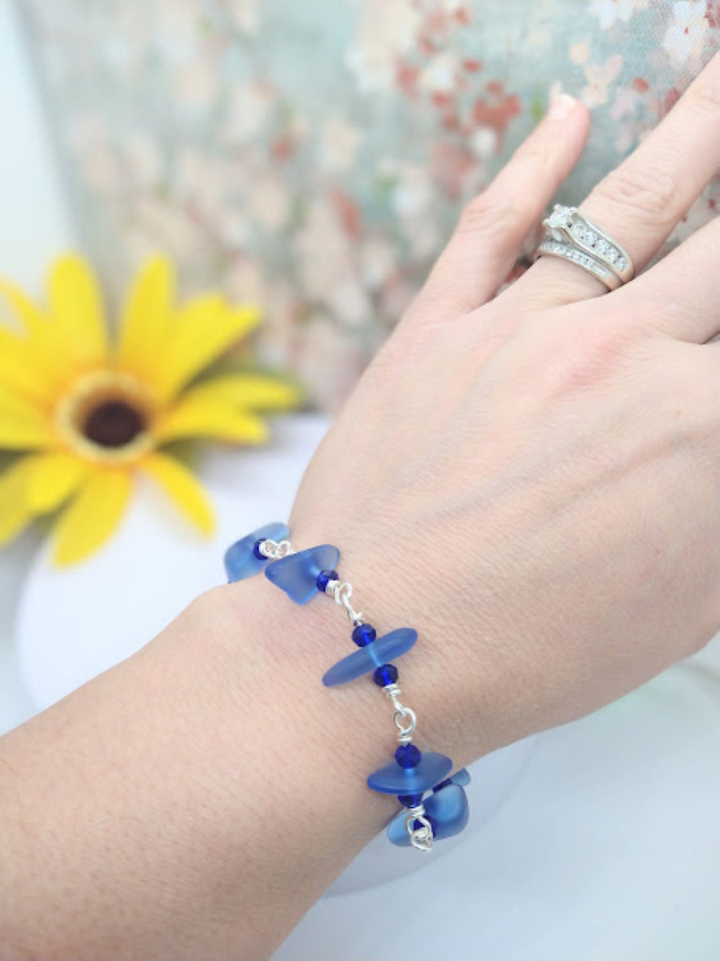 Cobalt Blue Sea Glass Beach Strand Silver Chain Link Bracelet, Beach Fashion, Beach Lover's Gift, Beach Wedding - Bad Apple Designs Jewelry