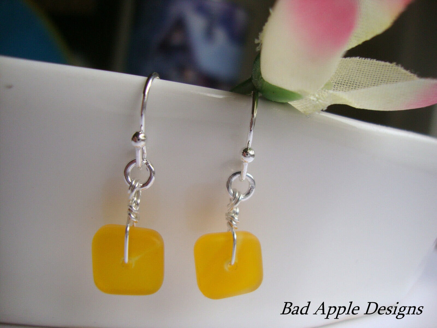 Flat, Forward-Facing, Dainty Frosted Sea Glass .925 Sterling Silver Dangle Earrings, Minimalist Jewelry-Beach Bridal Fashion, Gift For Her - Bad Apple Designs Jewelry