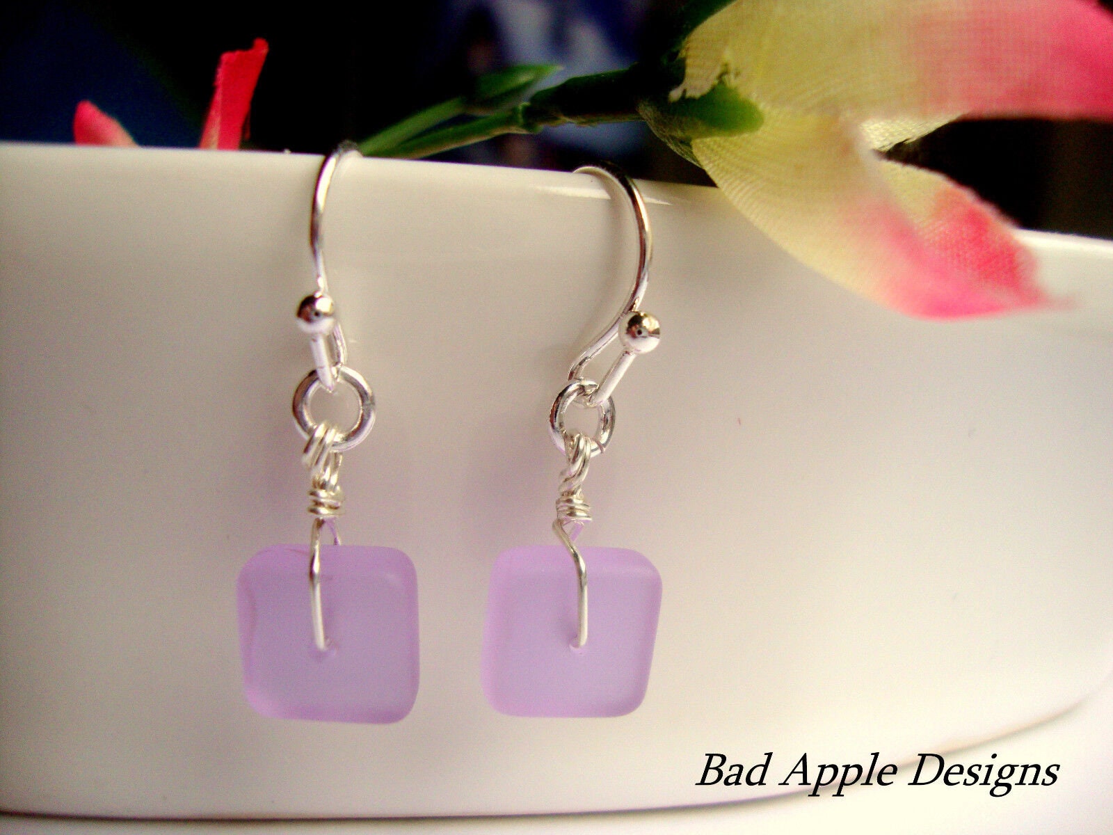 Flat, Forward-Facing, Dainty Frosted Sea Glass .925 Sterling Silver Dangle Earrings, Minimalist Jewelry-Beach Bridal Fashion, Gift For Her - Bad Apple Designs Jewelry