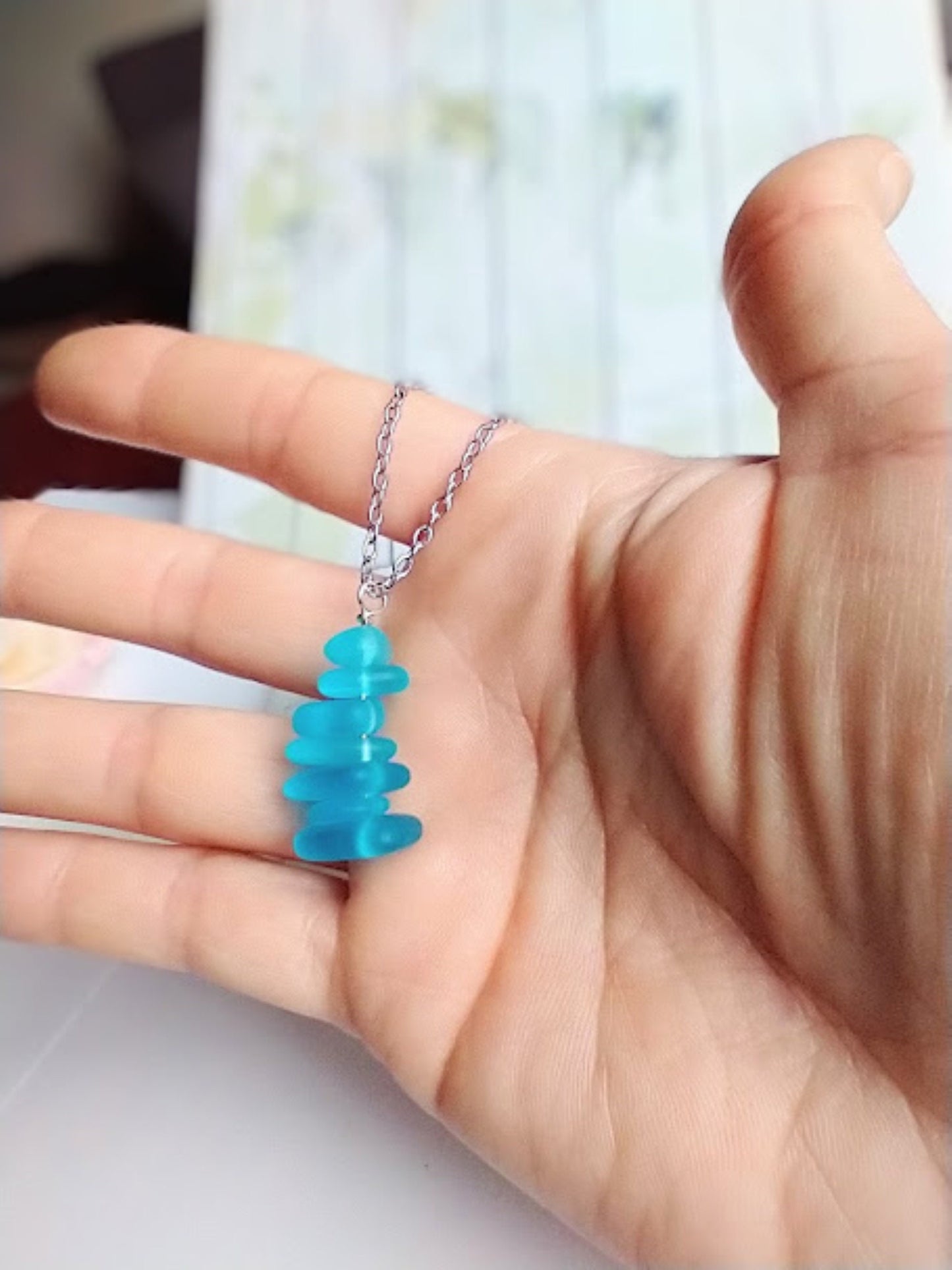 Caribbean Blue Stacked Sea Glass Beach Pendant Necklace, Stainless Steel, Ocean Lover's Gift, Beach Jewelry, Sterling Silver Necklace - Bad Apple Designs Jewelry