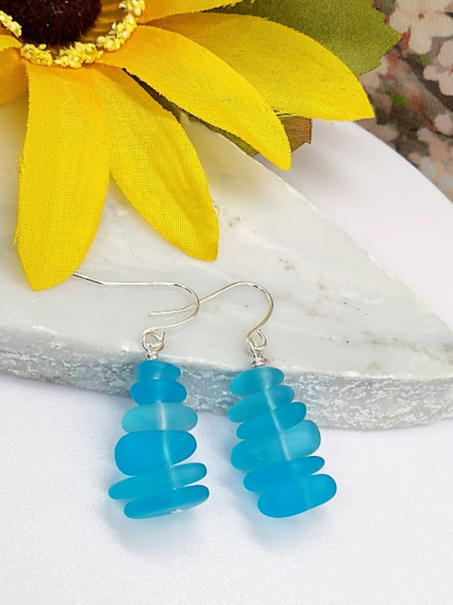 Caribbean Blue Pebble Shaped Frosted Sea Glass Silver Ladies Dangle Earrings- Seaglass Beach Jewelry-Gift For Beach Lover's - Bad Apple Designs Jewelry