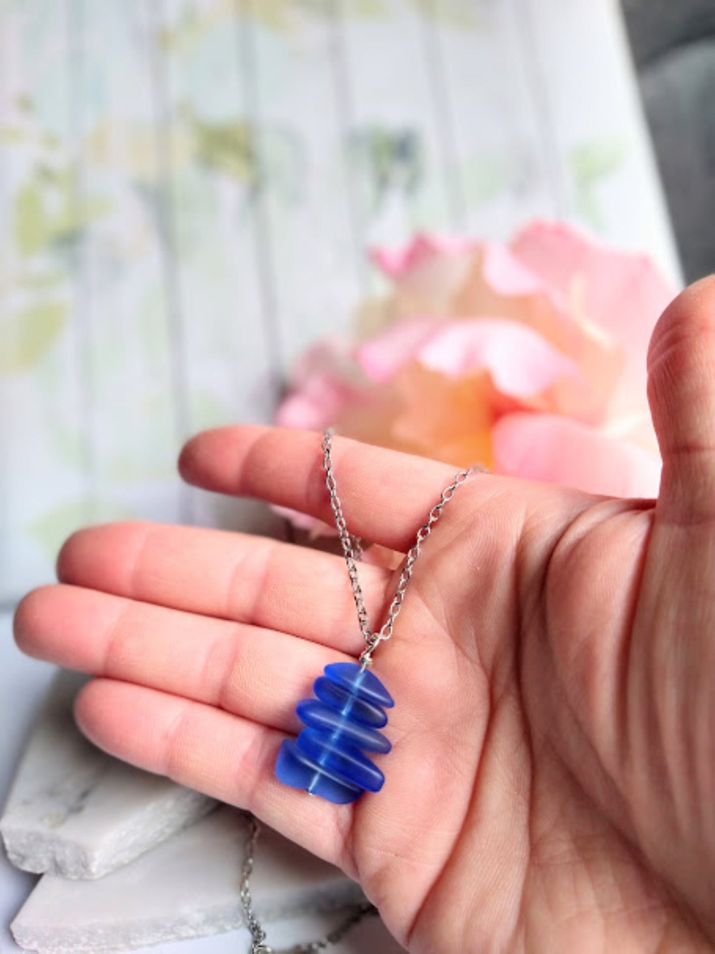 Cobalt Blue Stacked Sea Glass Beach Pendant Necklace, Stainless Steel, Ocean Lover's Gift, Beach Jewelry, Sterling Silver Necklace