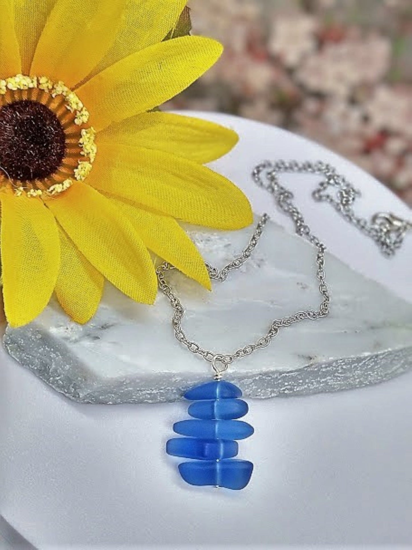 Cobalt Blue Stacked Sea Glass Beach Pendant Necklace, Stainless Steel, Ocean Lover's Gift, Beach Jewelry, Sterling Silver Necklace