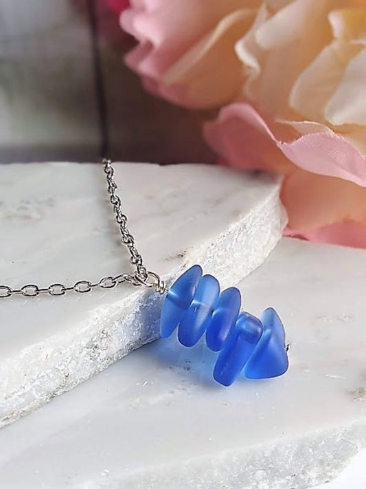 Cobalt Blue Stacked Sea Glass Beach Pendant Necklace, Stainless Steel, Ocean Lover's Gift, Beach Jewelry, Sterling Silver Necklace