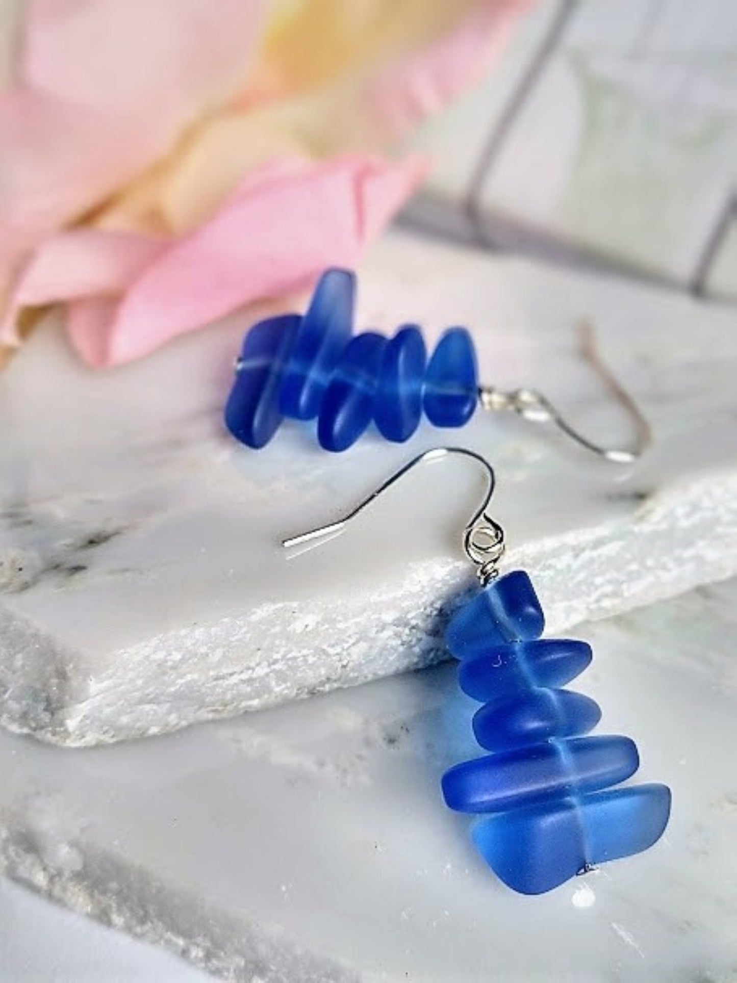 Cobalt Blue Pebble Shaped Frosted Sea Glass Silver Ladies Dangle Earrings- Seaglass Beach Jewelry-Gift For Beach Lover's - Bad Apple Designs Jewelry