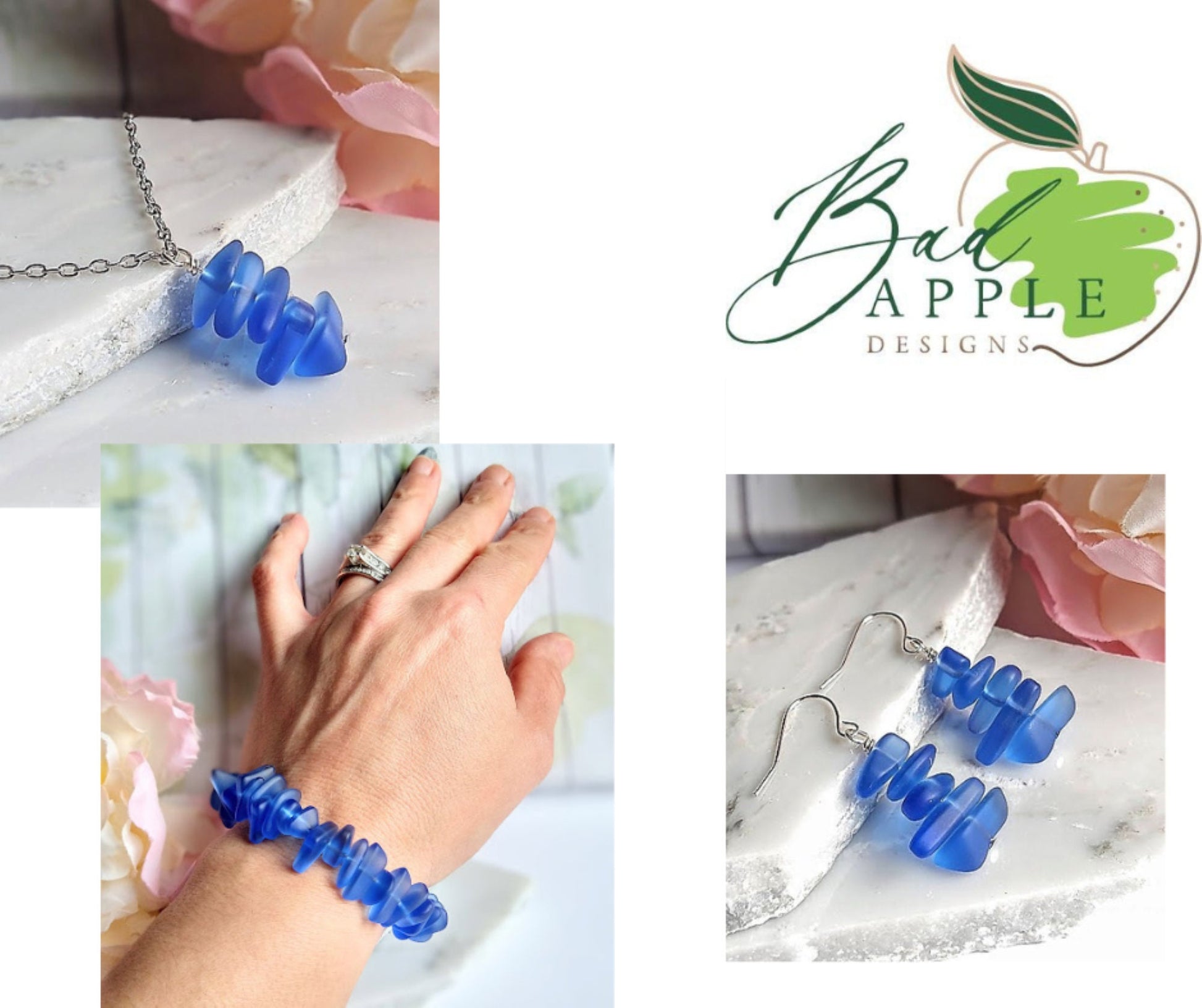 Cobalt Blue Pebble Shaped Frosted Sea Glass Silver Ladies Dangle Earrings- Seaglass Beach Jewelry-Gift For Beach Lover's - Bad Apple Designs Jewelry