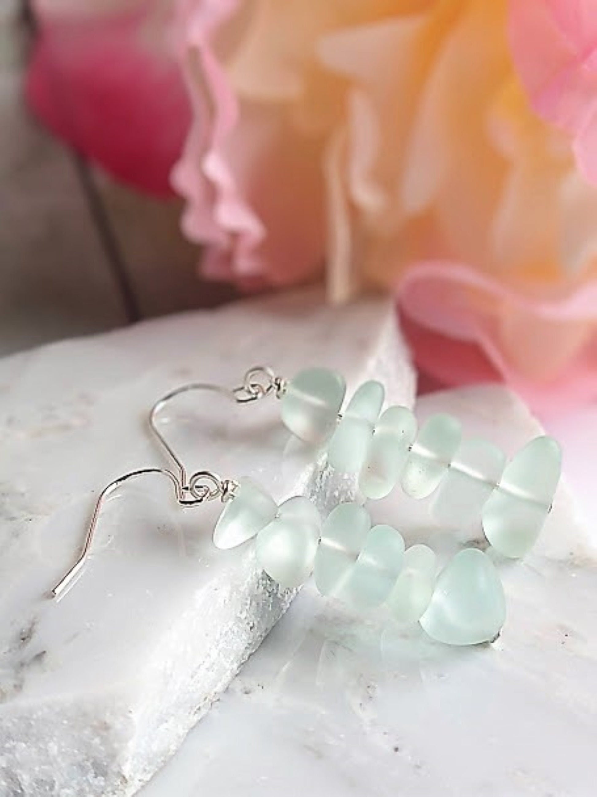Aqua Blue Pebble Shaped Frosted Sea Glass Silver Ladies Dangle Earrings- Seaglass Beach Jewelry-Gift For Beach Lover's - Bad Apple Designs Jewelry