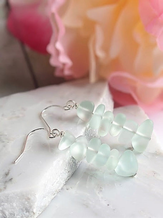 Aqua Blue Pebble Shaped Frosted Sea Glass Silver Ladies Dangle Earrings- Seaglass Beach Jewelry-Gift For Beach Lover's - Bad Apple Designs Jewelry
