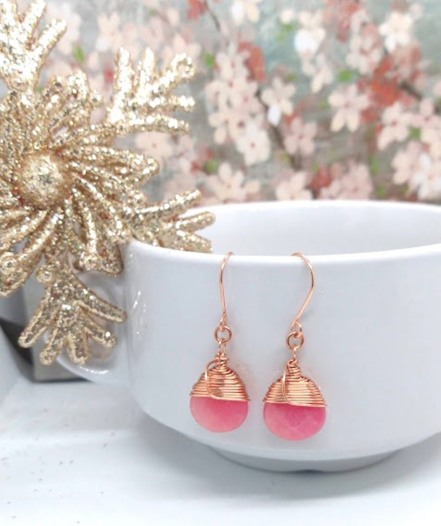 Faceted Teardrop Pink Rhodochrosite Gemstone, Bright Copper Dangle Earrings, Small Teardrop Earrings, Gemstone Teardrop Earrings - Bad Apple Designs Jewelry