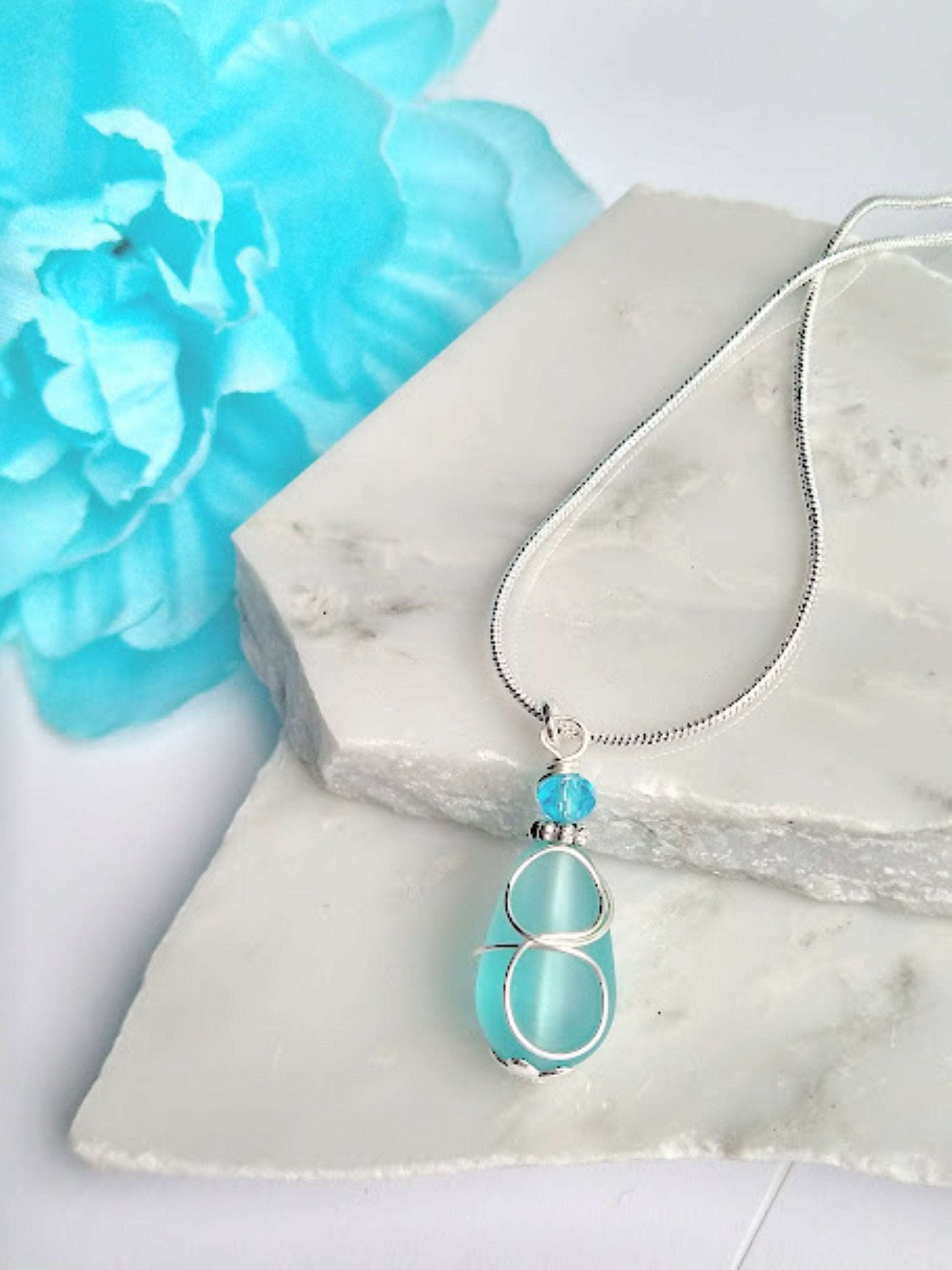 Caribbean Blue Sea Glass "Loop" Silver Snake Chain Necklace, Beach Earrings, Gift For Ocean Lover's, Beach Wedding - Bad Apple Designs Jewelry