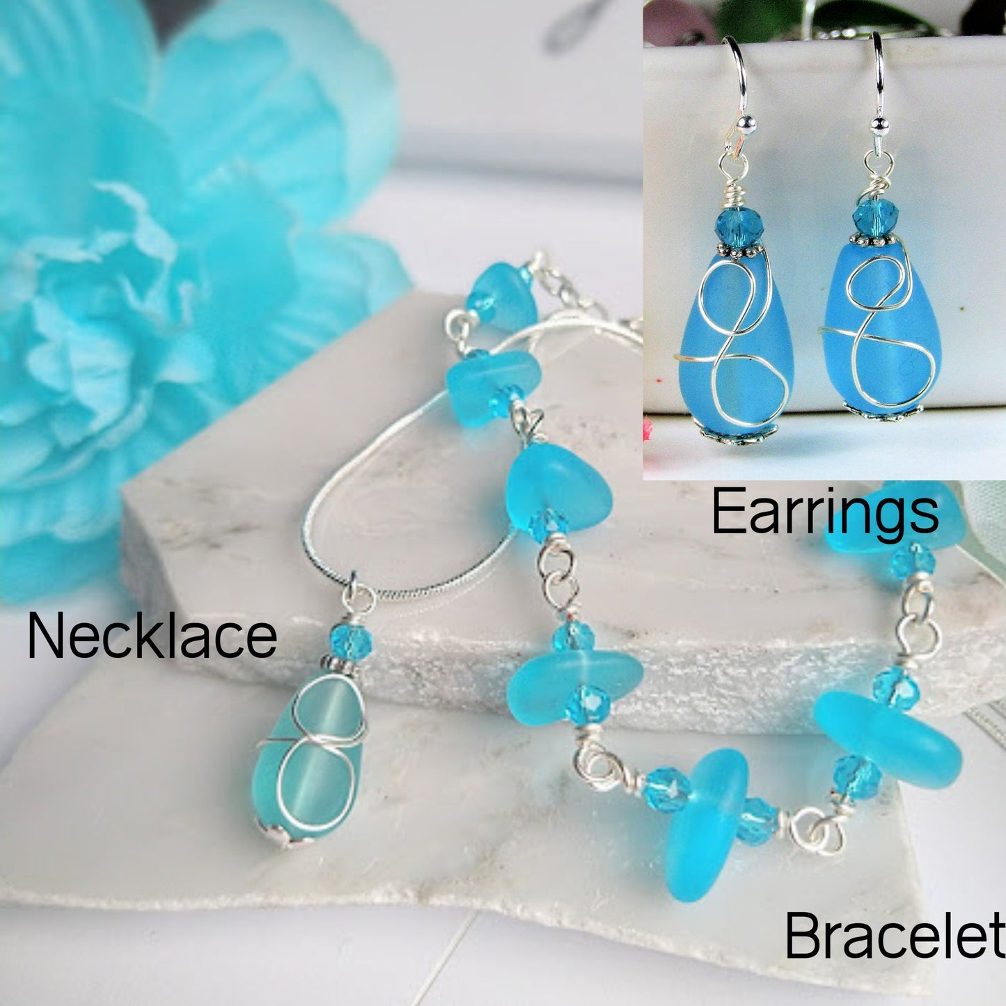 Caribbean Blue Sea Glass "Loop" Silver Snake Chain Necklace, Beach Earrings, Gift For Ocean Lover's, Beach Wedding - Bad Apple Designs Jewelry