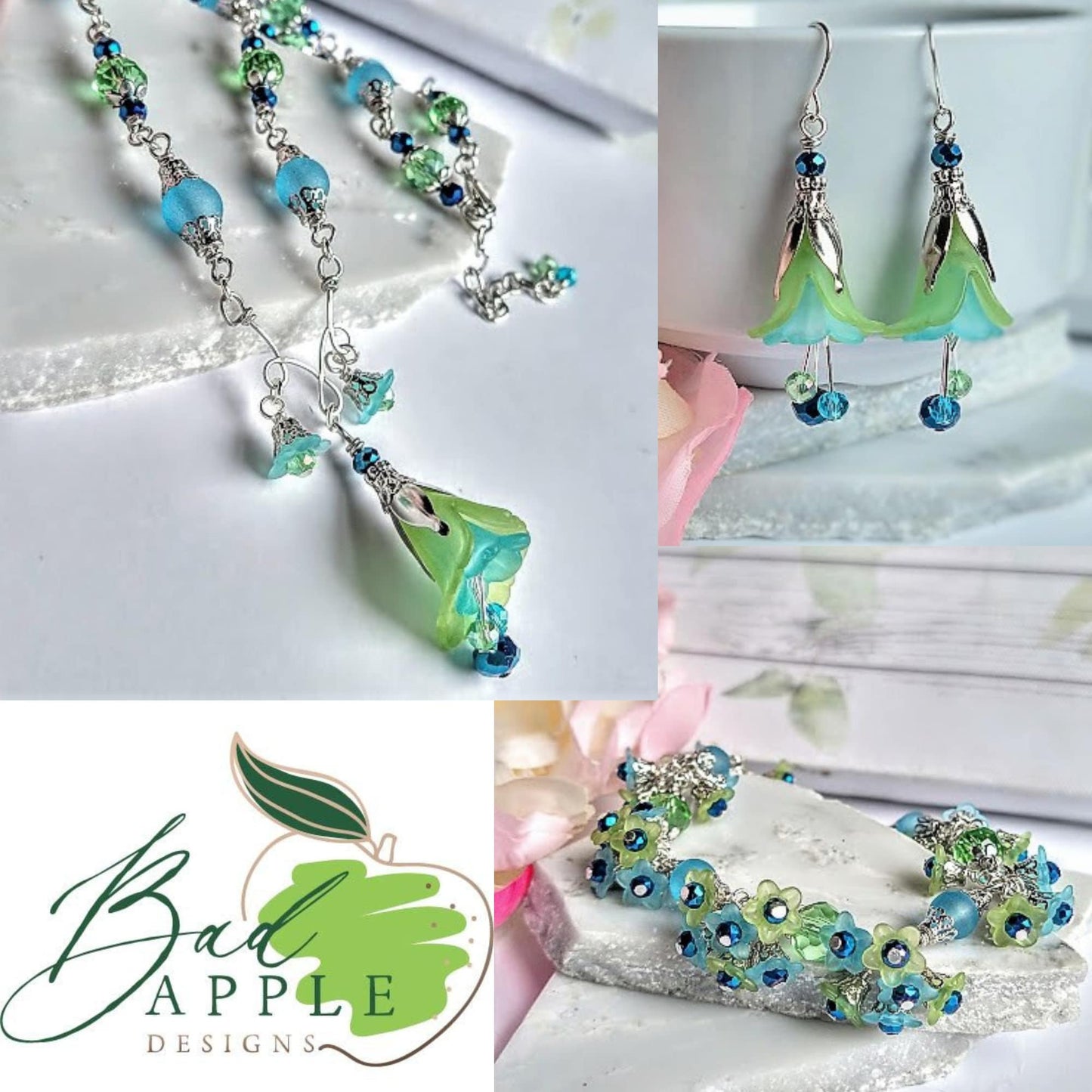 Flower Earrings, Green & Blue Floral Dangle Earrings, Garden Party Earrings, Flower Girl, Bridal Earrings, Floral Drop Earrings - Bad Apple Designs Jewelry