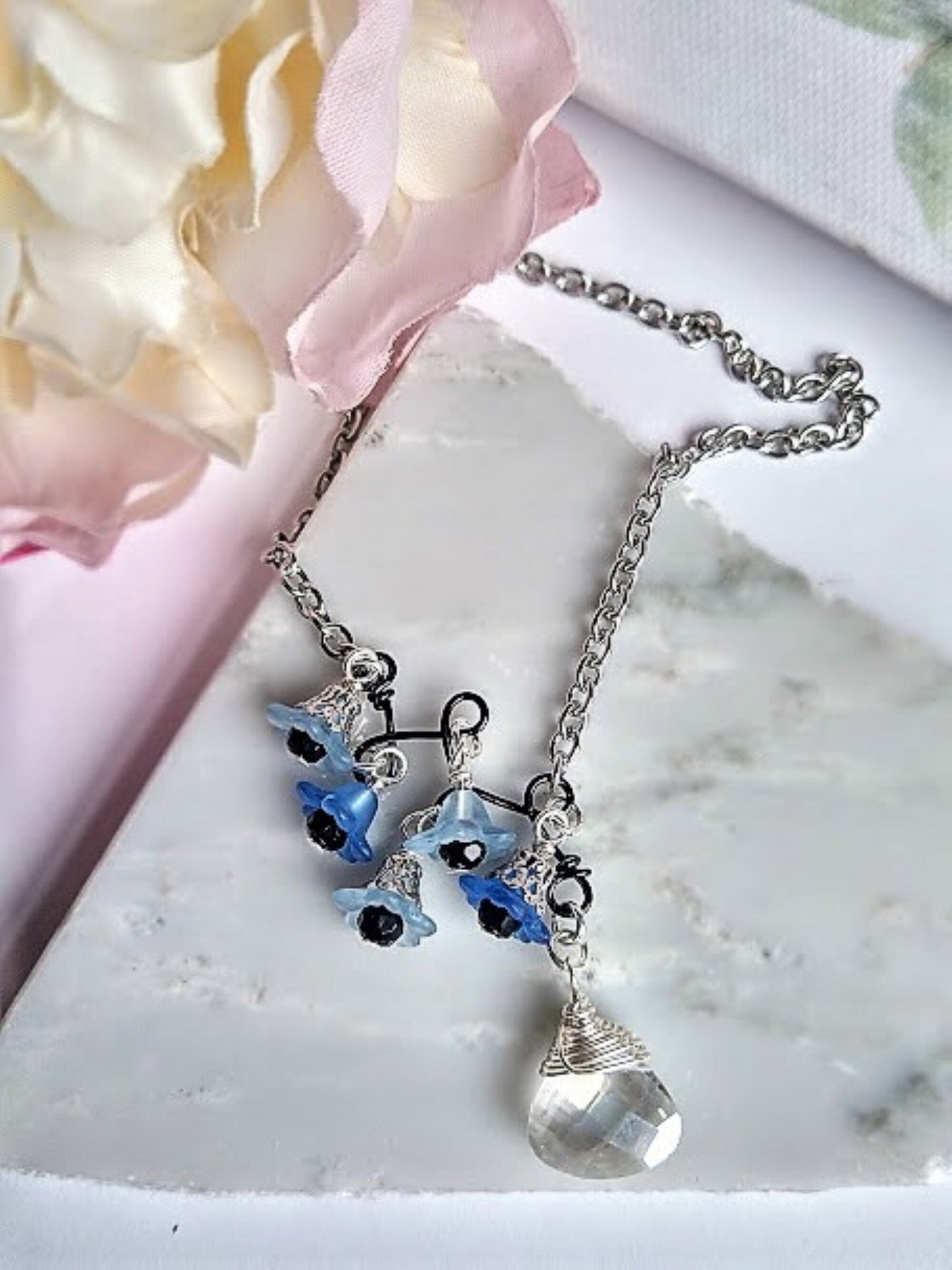 Flower Necklace, Black & Blue Floral Dangle Necklace, Art Deco Garden Party , Flower Girl, Bridal Necklace, Crystal Chain, Teardrop Pendant