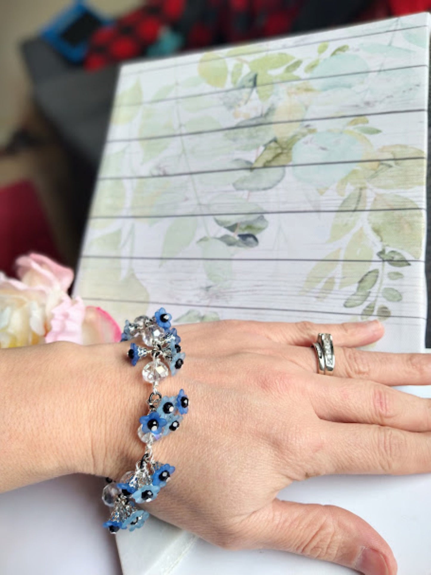 Flower Bracelet, Black & Blue Floral Dangle Bracelet, Garden Party , Flower Girl, Bridal Bracelet, Floral Cha Cha Bangle, Charm Bracelet