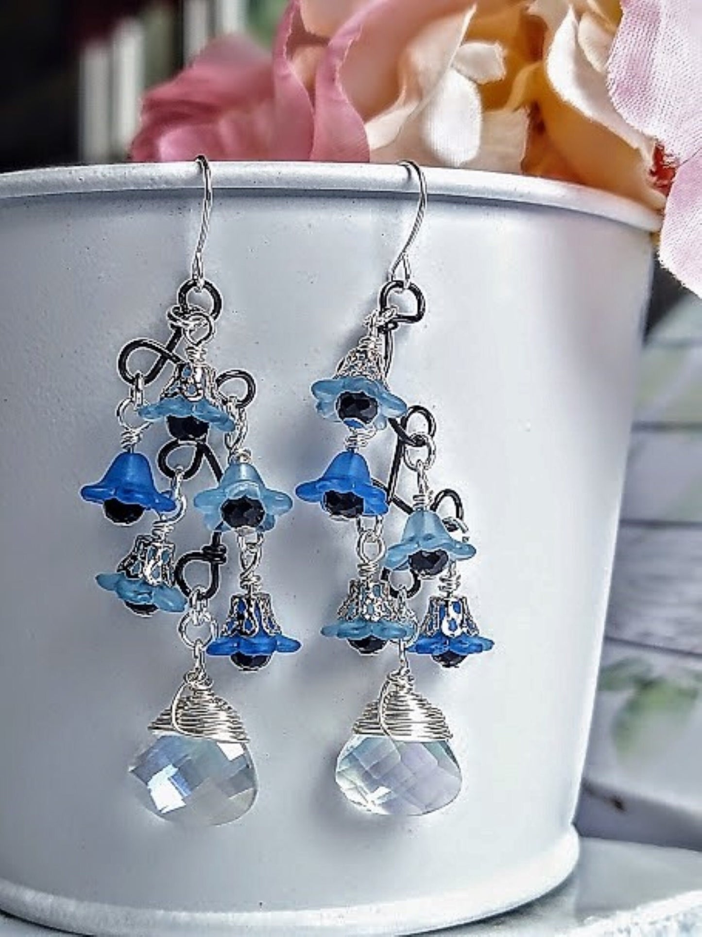Flower Earrings, Black & Blue Floral Dangle Earrings, Garden Party Earrings, Flower Girl, Bridal Earrings, Floral Drop Earrings