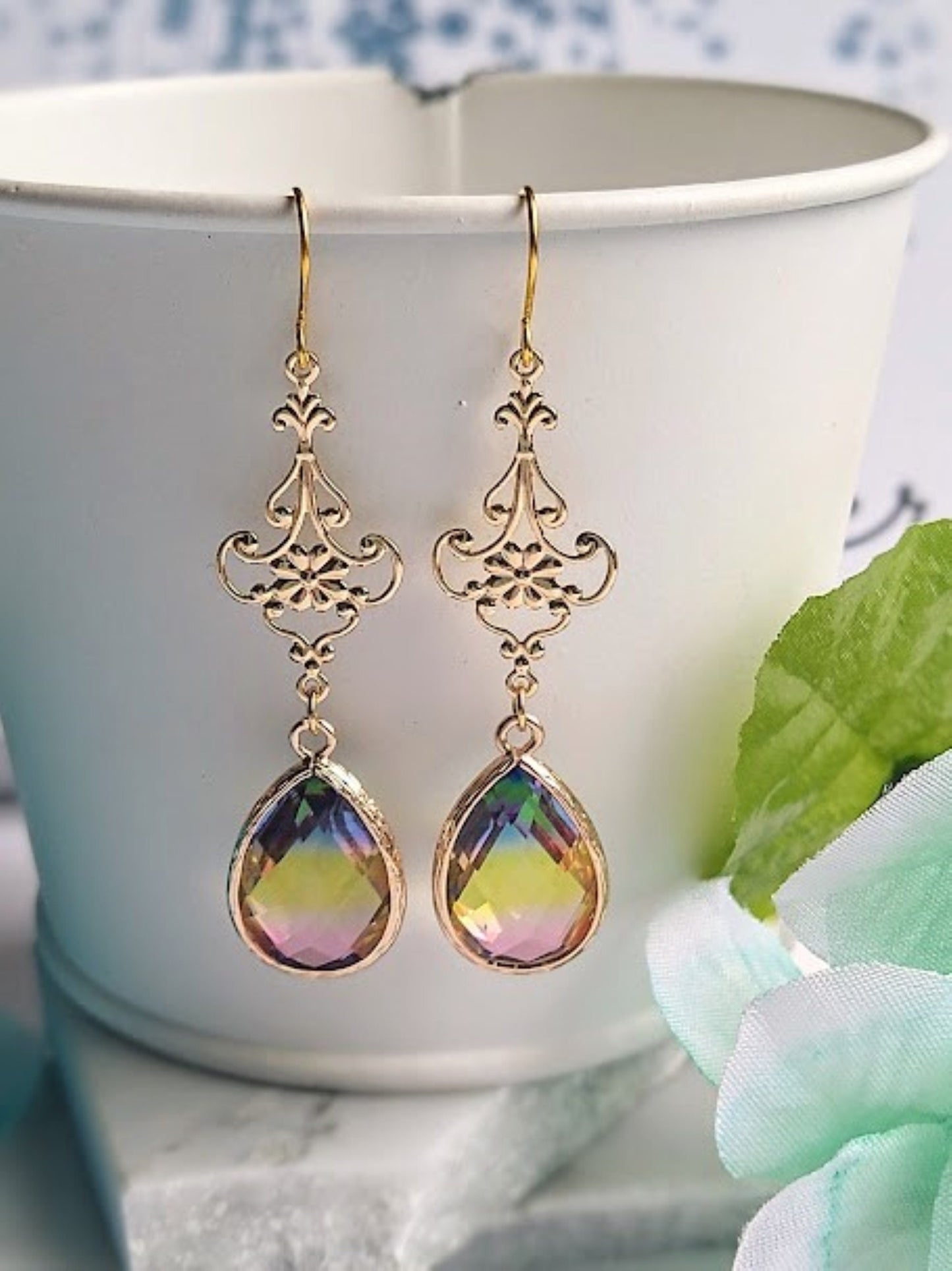 Faceted Multicolor Glass, Gold Dangle Earrings-, Pink Yellow Blue- Ladies Fashion Drops- Bridal, Bridesmaid, Gift - Bad Apple Designs Jewelry