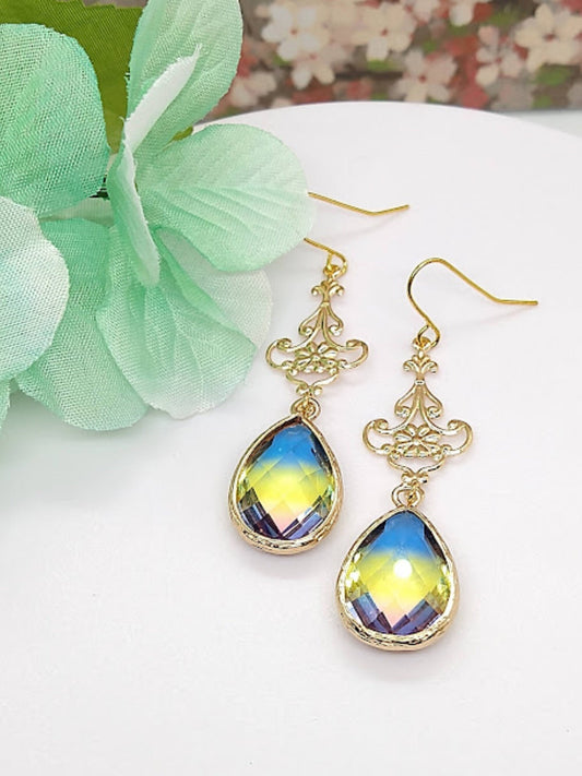 Faceted Multicolor Glass, Gold Dangle Earrings-, Pink Yellow Blue- Ladies Fashion Drops- Bridal, Bridesmaid, Gift - Bad Apple Designs Jewelry