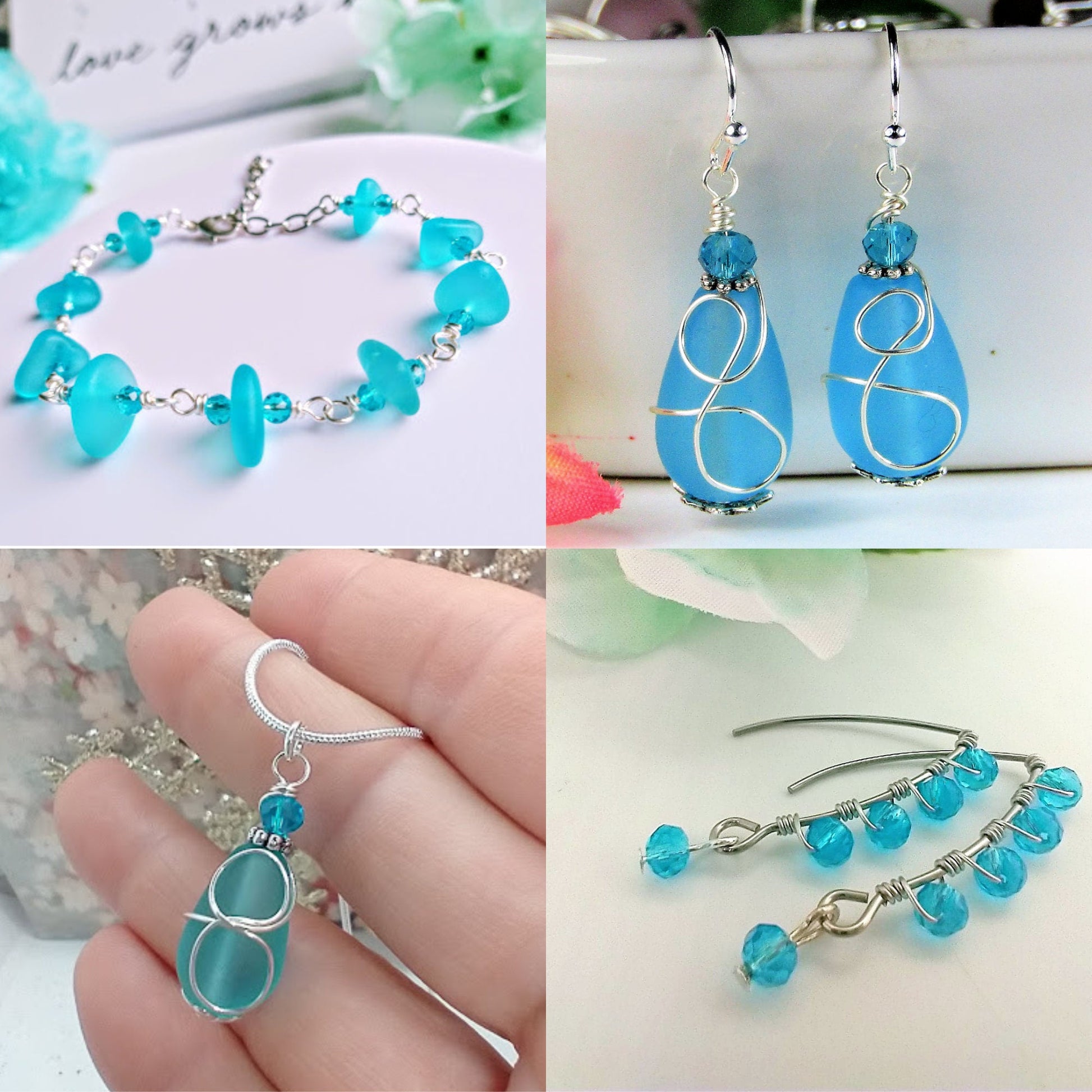 Caribbean Blue Sea Glass Beach Strand Silver Chain Link Bracelet, Beach Fashion, Beach Lover's Gift, Beach Wedding - Bad Apple Designs Jewelry