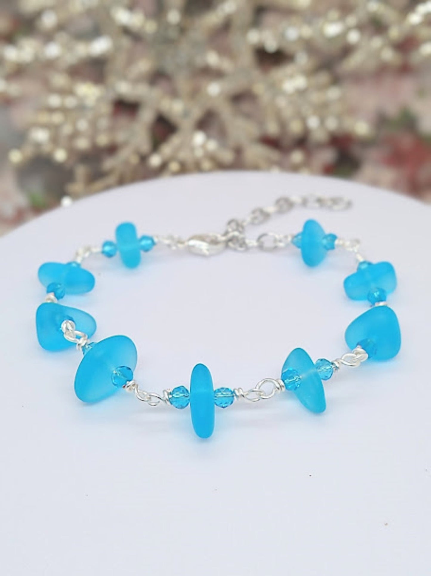 Caribbean Blue Sea Glass Beach Strand Silver Chain Link Bracelet, Beach Fashion, Beach Lover's Gift, Beach Wedding - Bad Apple Designs Jewelry