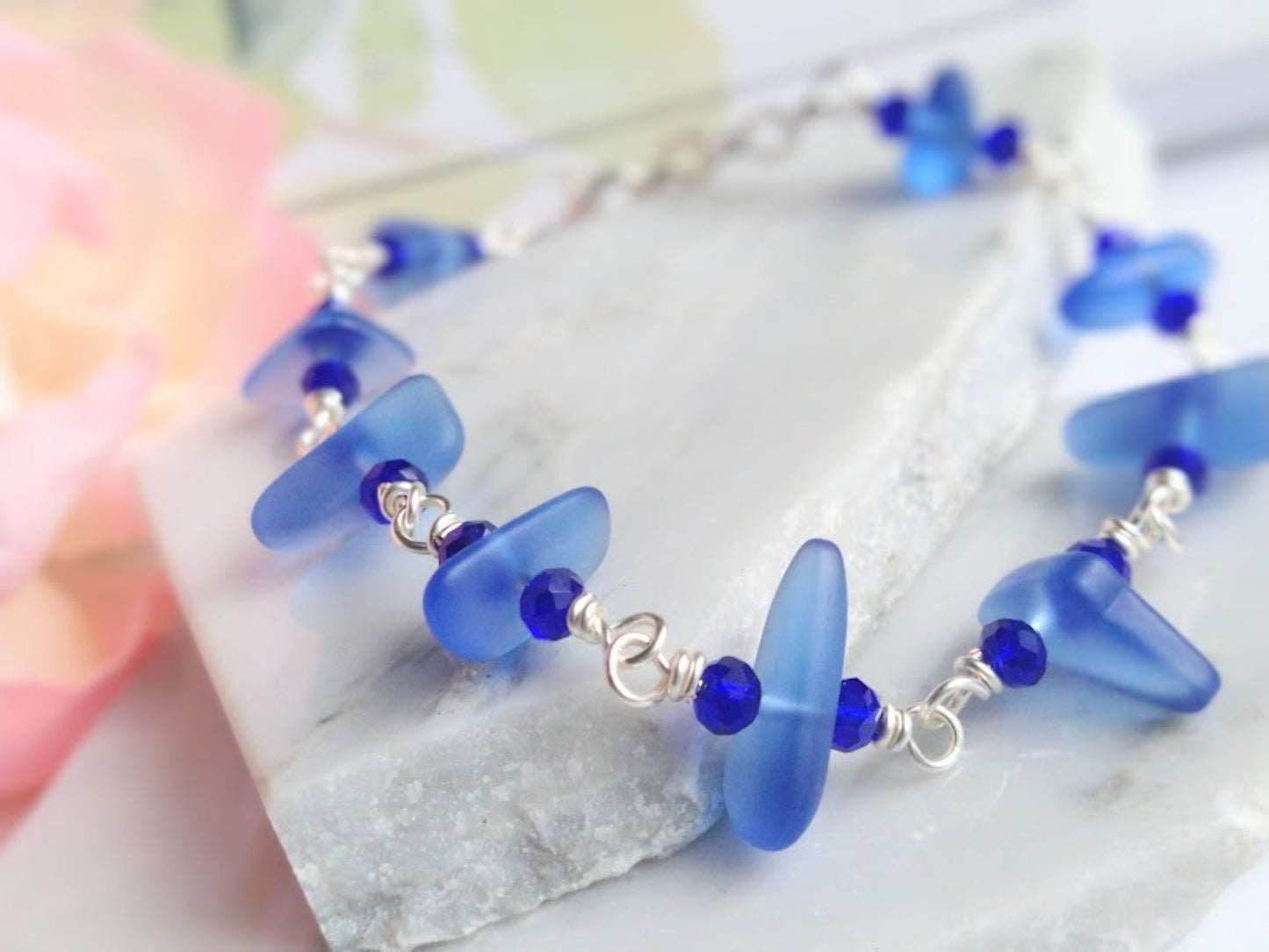 Cobalt Blue Sea Glass Beach Strand Silver Chain Link Bracelet, Beach Fashion, Beach Lover's Gift, Beach Wedding - Bad Apple Designs Jewelry