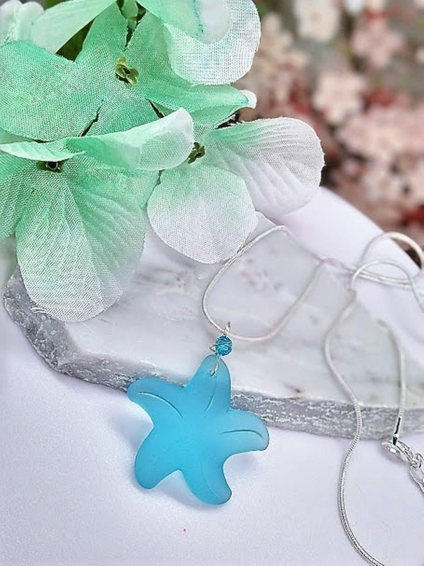 Caribbean Blue Starfish Sea Glass Pendant, Silver Snake Chain 18 Inch Necklace-Beach Charm-Ocean Lover's Gift - Bad Apple Designs Jewelry