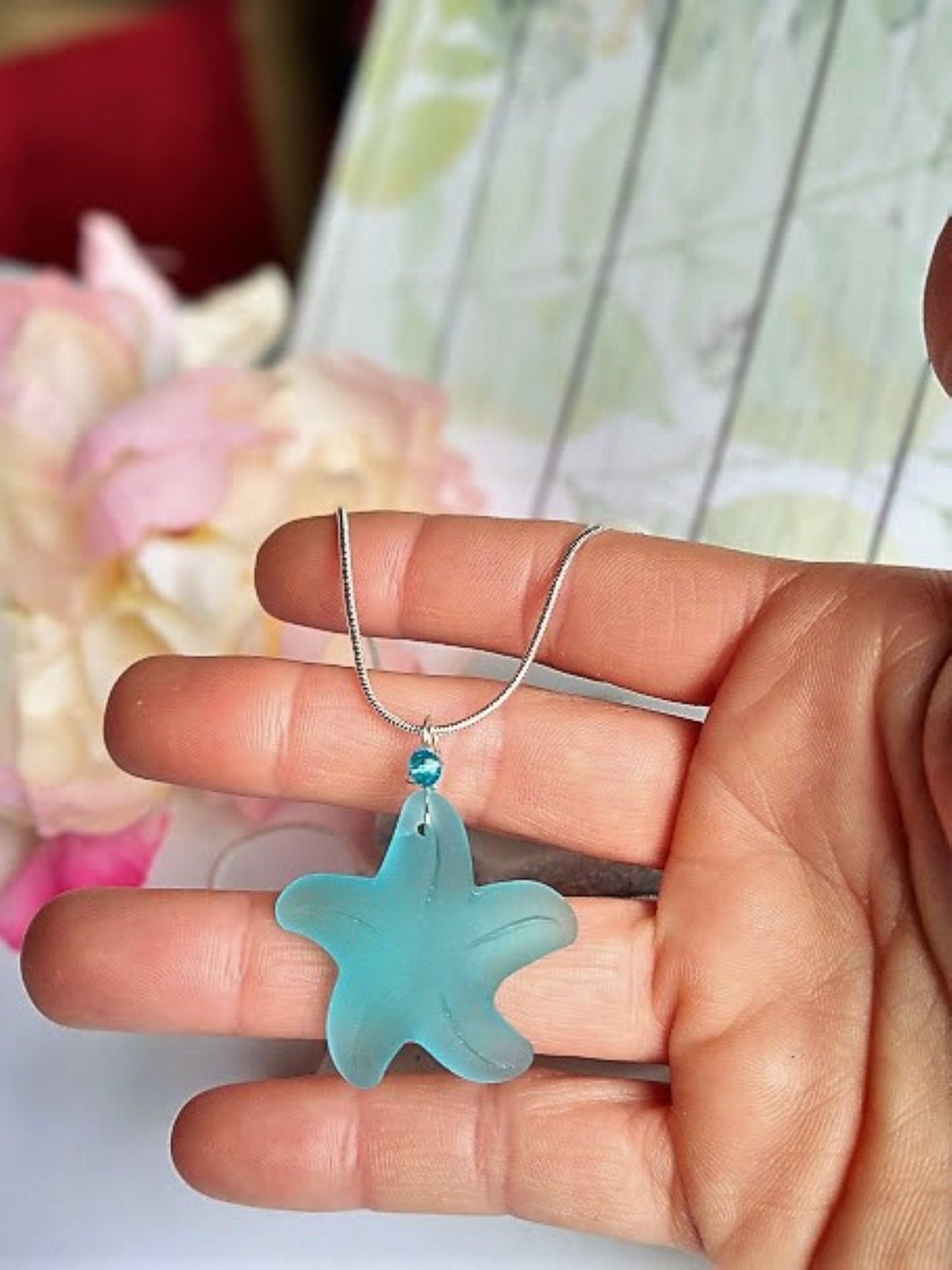 Caribbean Blue Starfish Sea Glass Pendant, Silver Snake Chain 18 Inch Necklace-Beach Charm-Ocean Lover's Gift - Bad Apple Designs Jewelry
