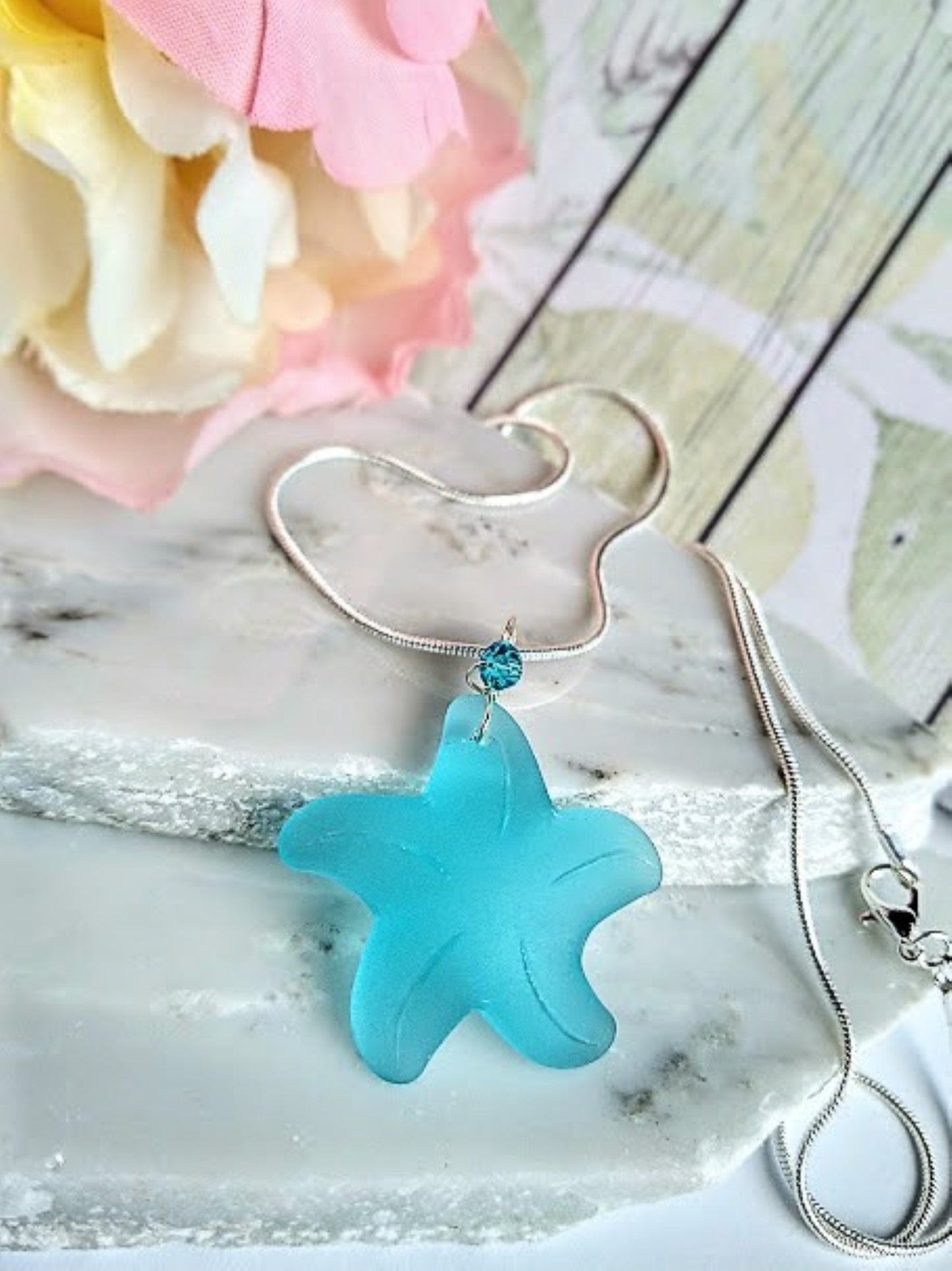 Caribbean Blue Starfish Sea Glass Pendant, Silver Snake Chain 18 Inch Necklace-Beach Charm-Ocean Lover's Gift - Bad Apple Designs Jewelry