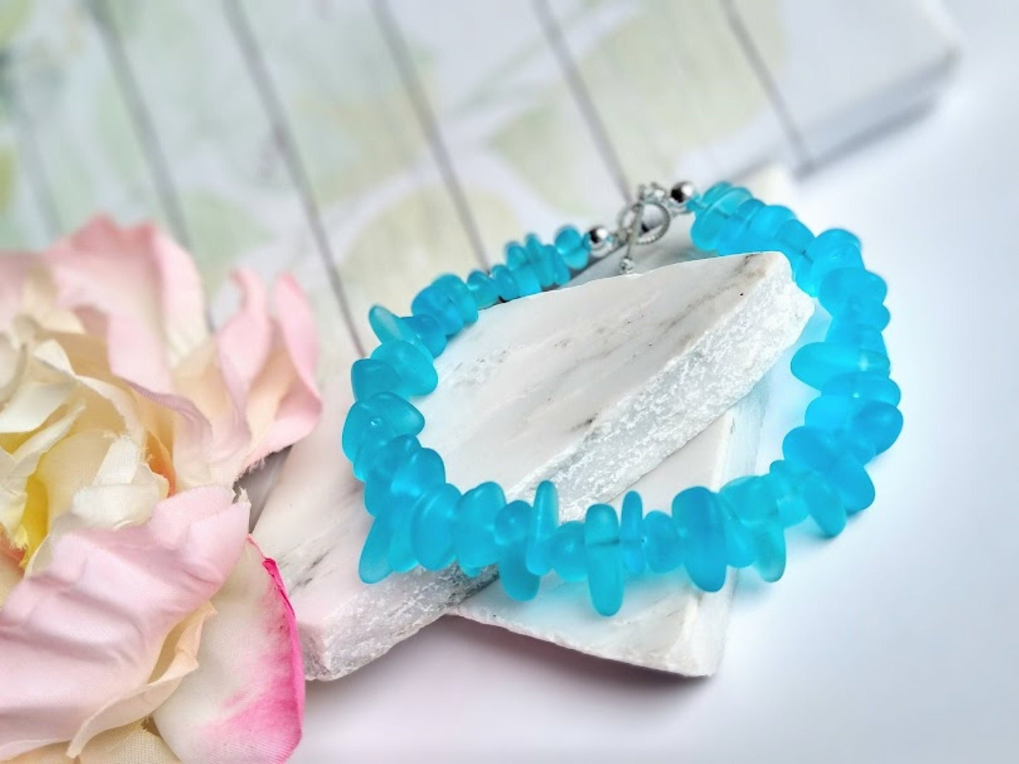 Caribbean Blue Sea Glass Beach Strand Silver Bracelet, Beach Fashion, Beach Lover's Gift, Beach Wedding - Bad Apple Designs Jewelry