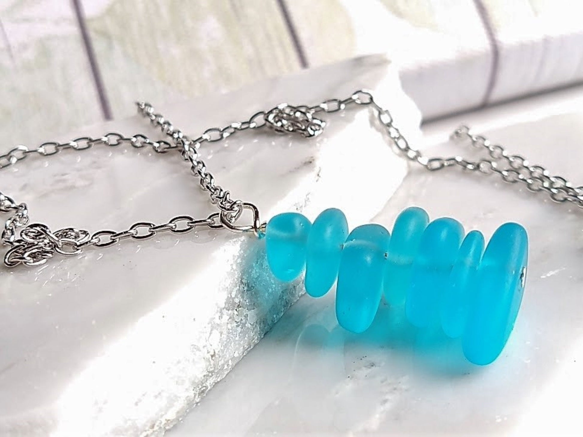 Caribbean Blue Stacked Sea Glass Beach Pendant Necklace, Stainless Steel, Ocean Lover's Gift, Beach Jewelry, Sterling Silver Necklace - Bad Apple Designs Jewelry