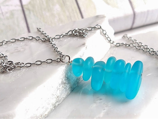 Caribbean Blue Stacked Sea Glass Beach Pendant Necklace, Stainless Steel, Ocean Lover's Gift, Beach Jewelry, Sterling Silver Necklace - Bad Apple Designs Jewelry