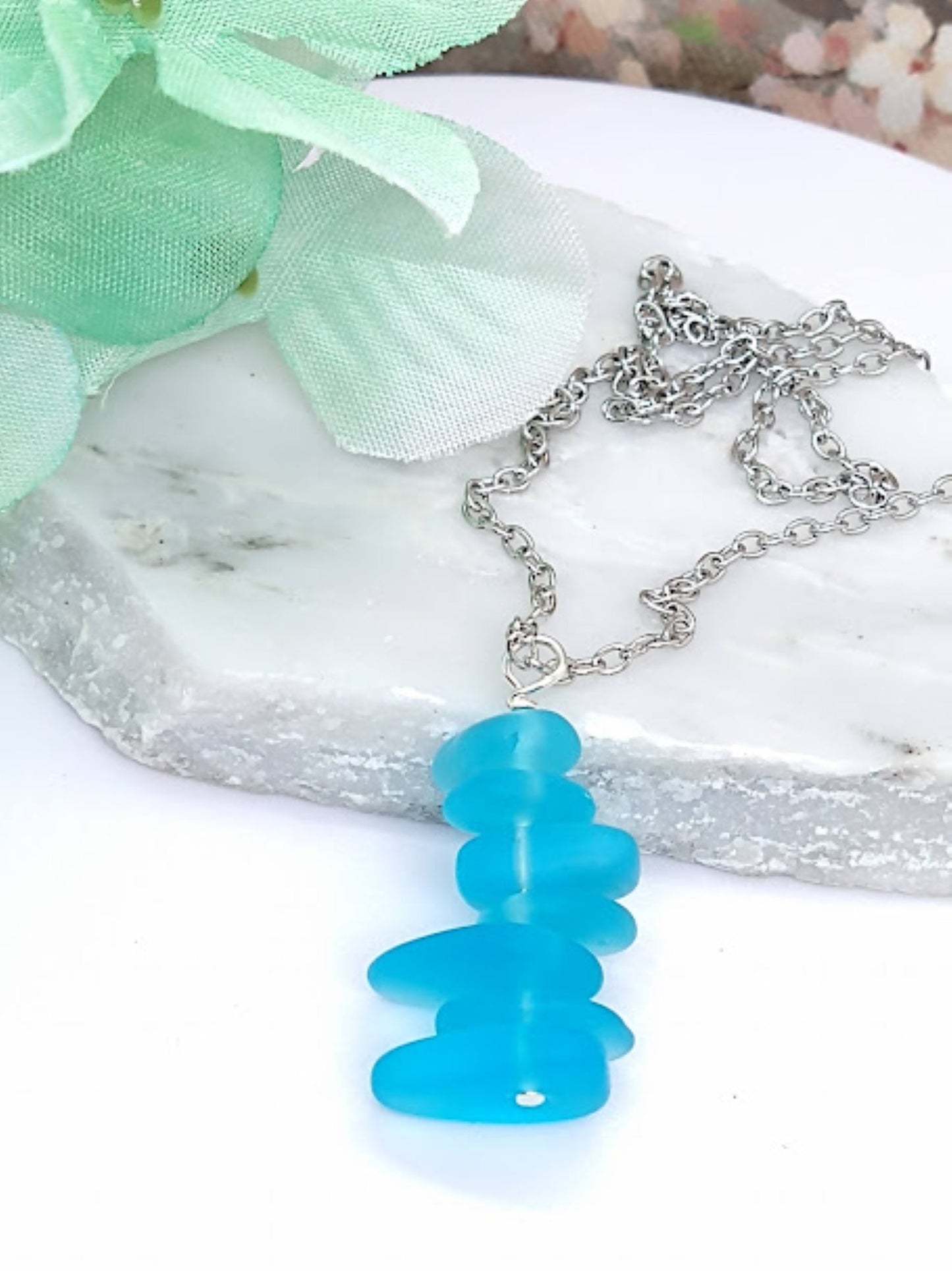 Caribbean Blue Stacked Sea Glass Beach Pendant Necklace, Stainless Steel, Ocean Lover's Gift, Beach Jewelry, Sterling Silver Necklace - Bad Apple Designs Jewelry