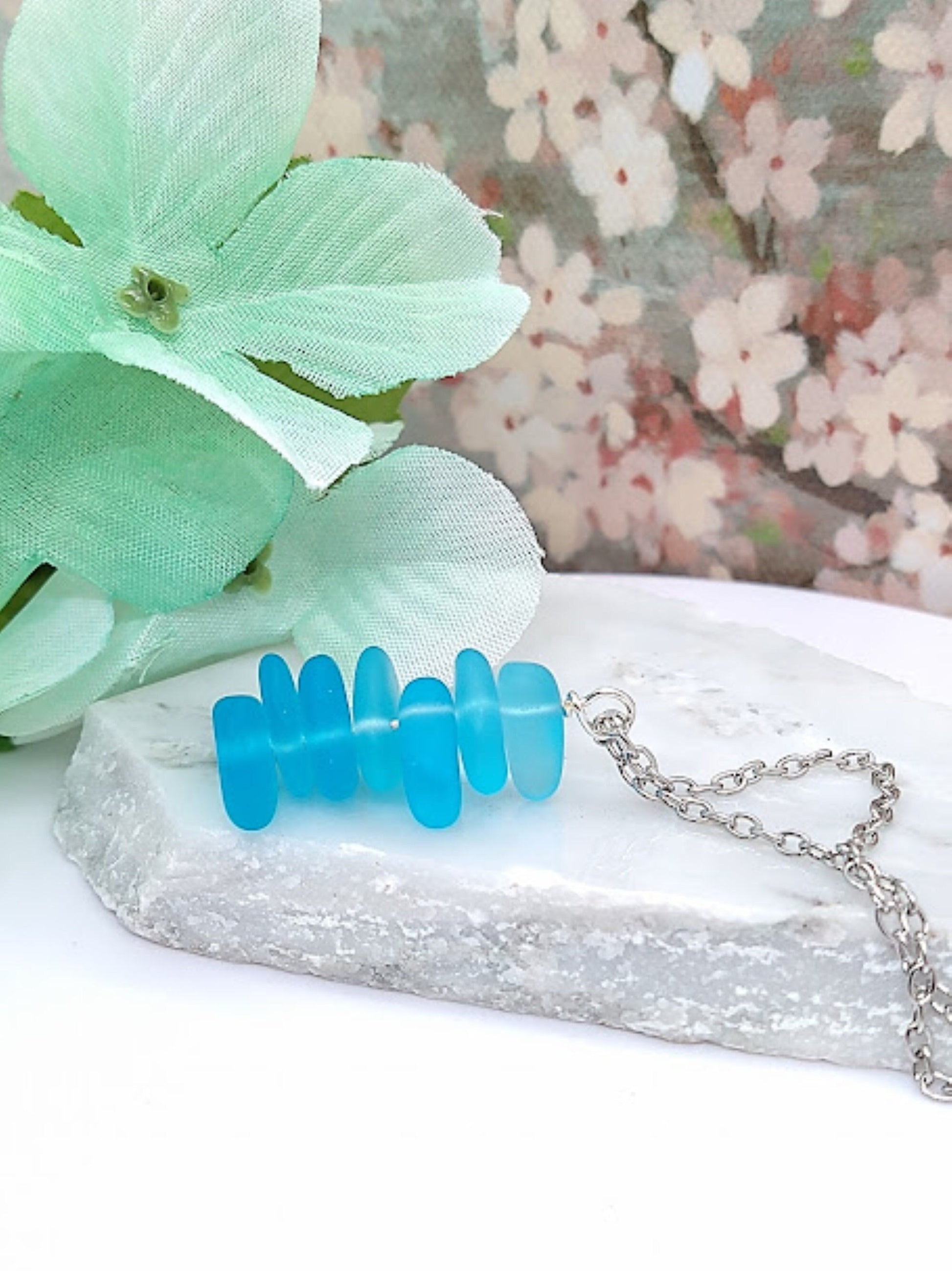 Caribbean Blue Stacked Sea Glass Beach Pendant Necklace, Stainless Steel, Ocean Lover's Gift, Beach Jewelry, Sterling Silver Necklace - Bad Apple Designs Jewelry