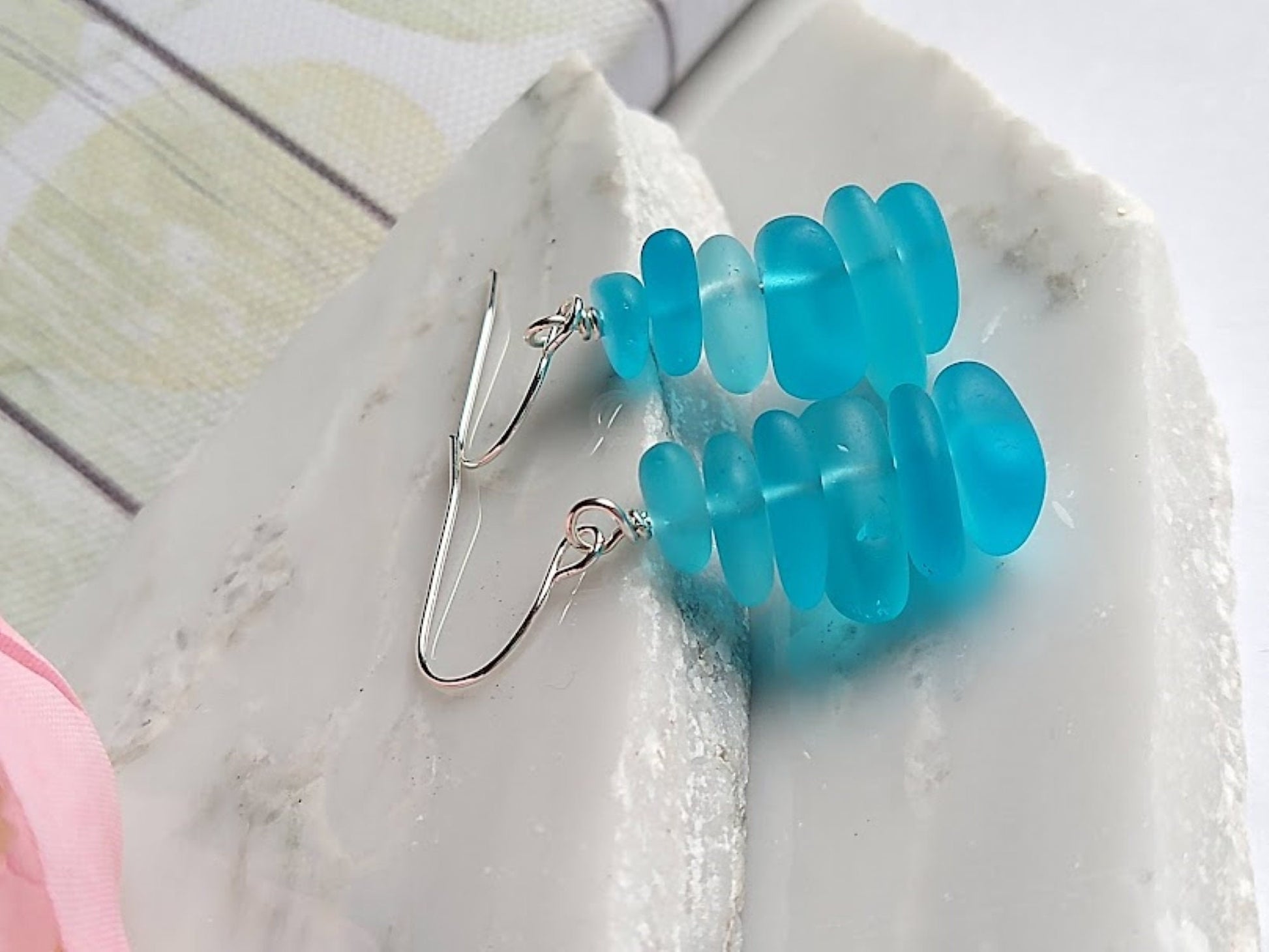 Caribbean Blue Pebble Shaped Frosted Sea Glass Silver Ladies Dangle Earrings- Seaglass Beach Jewelry-Gift For Beach Lover's - Bad Apple Designs Jewelry