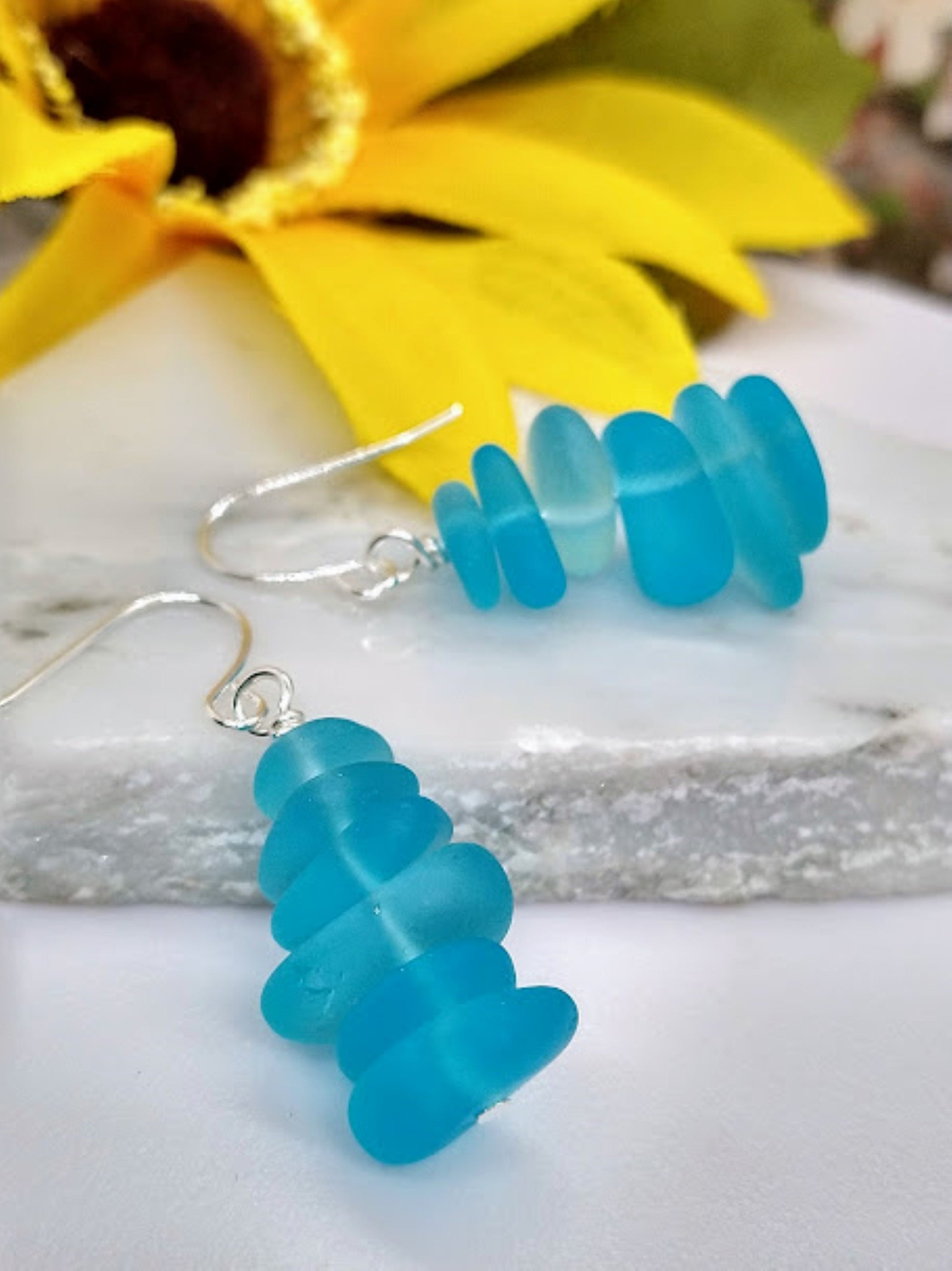 Caribbean Blue Pebble Shaped Frosted Sea Glass Silver Ladies Dangle Earrings- Seaglass Beach Jewelry-Gift For Beach Lover's - Bad Apple Designs Jewelry
