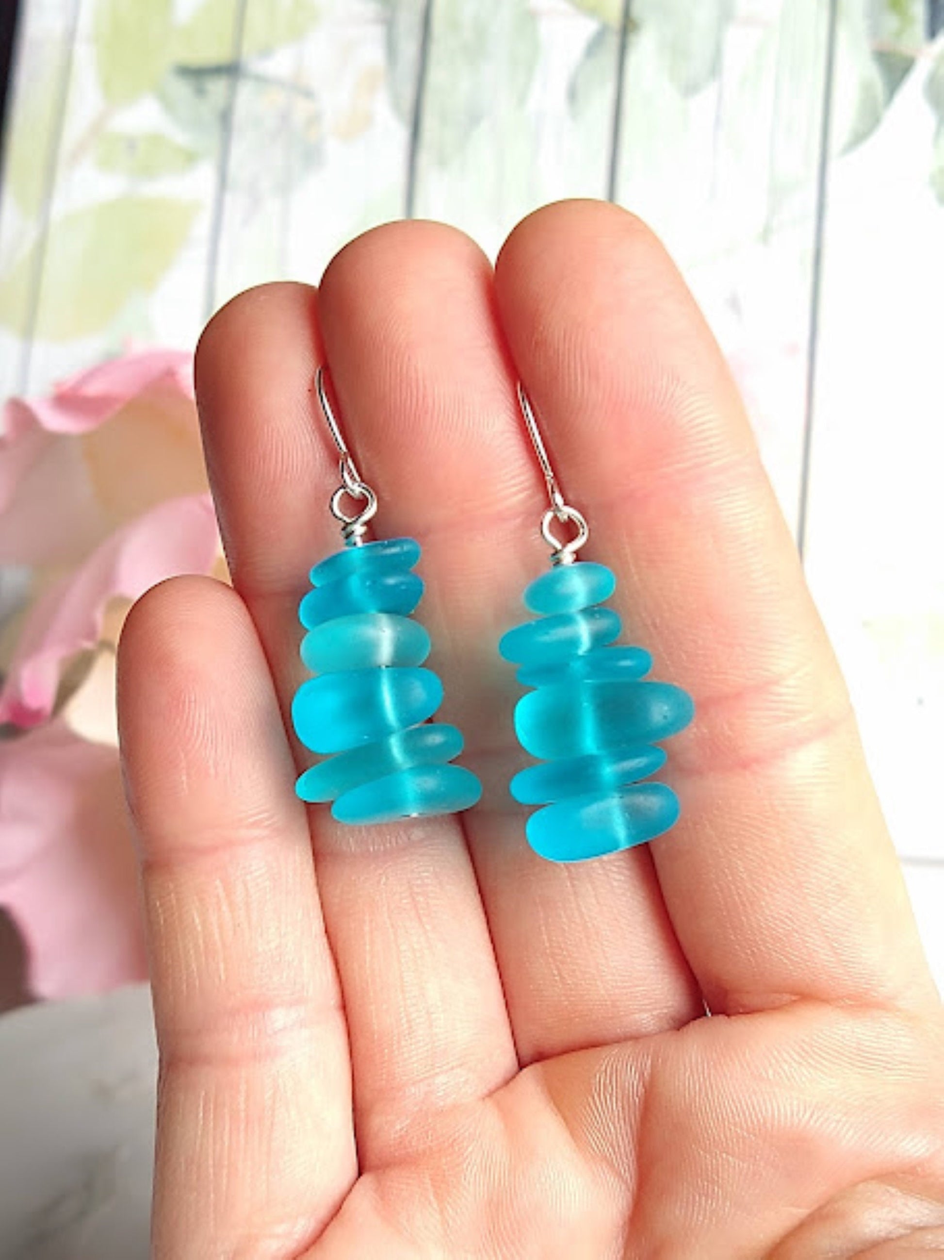 Caribbean Blue Pebble Shaped Frosted Sea Glass Silver Ladies Dangle Earrings- Seaglass Beach Jewelry-Gift For Beach Lover's - Bad Apple Designs Jewelry