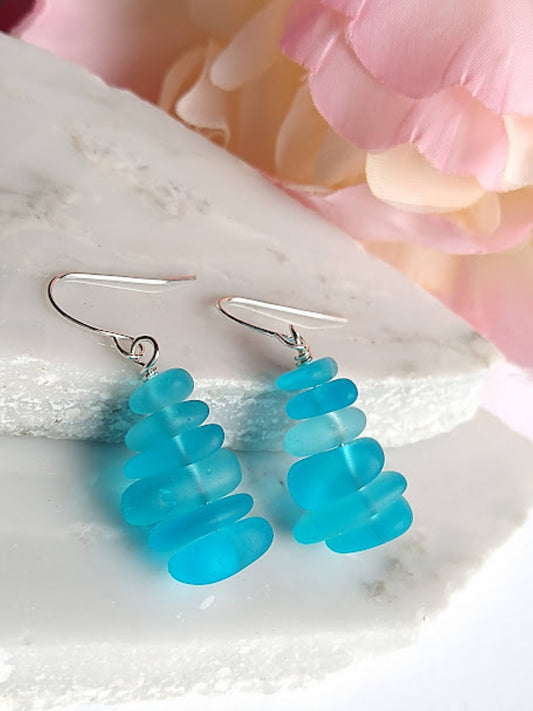 Caribbean Blue Pebble Shaped Frosted Sea Glass Silver Ladies Dangle Earrings- Seaglass Beach Jewelry-Gift For Beach Lover's - Bad Apple Designs Jewelry