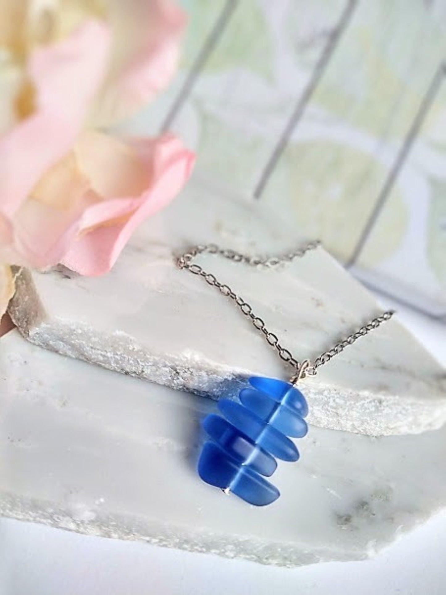 Cobalt Blue Stacked Sea Glass Beach Pendant Necklace, Stainless Steel, Ocean Lover's Gift, Beach Jewelry, Sterling Silver Necklace