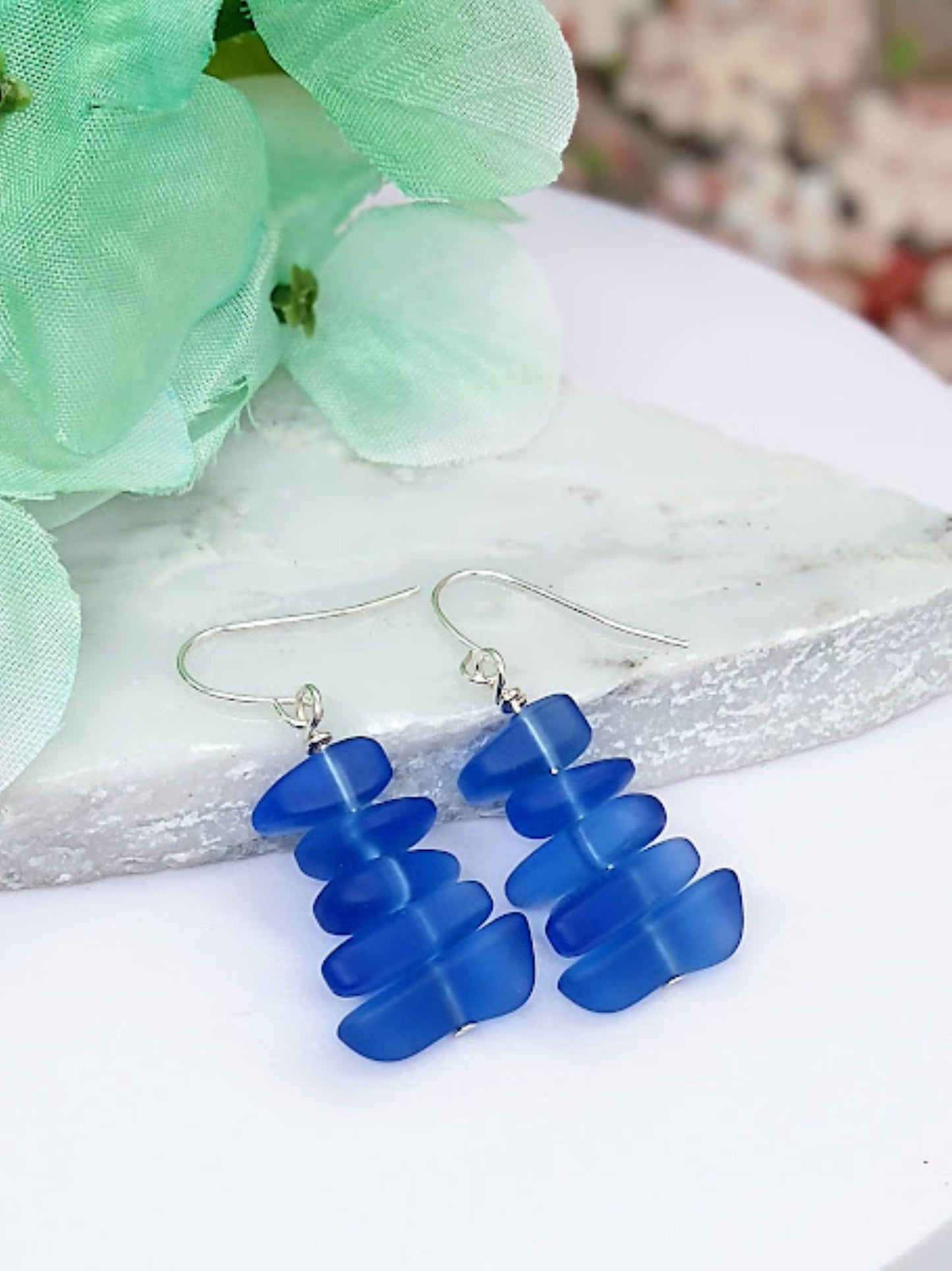 Cobalt Blue Pebble Shaped Frosted Sea Glass Silver Ladies Dangle Earrings- Seaglass Beach Jewelry-Gift For Beach Lover's - Bad Apple Designs Jewelry